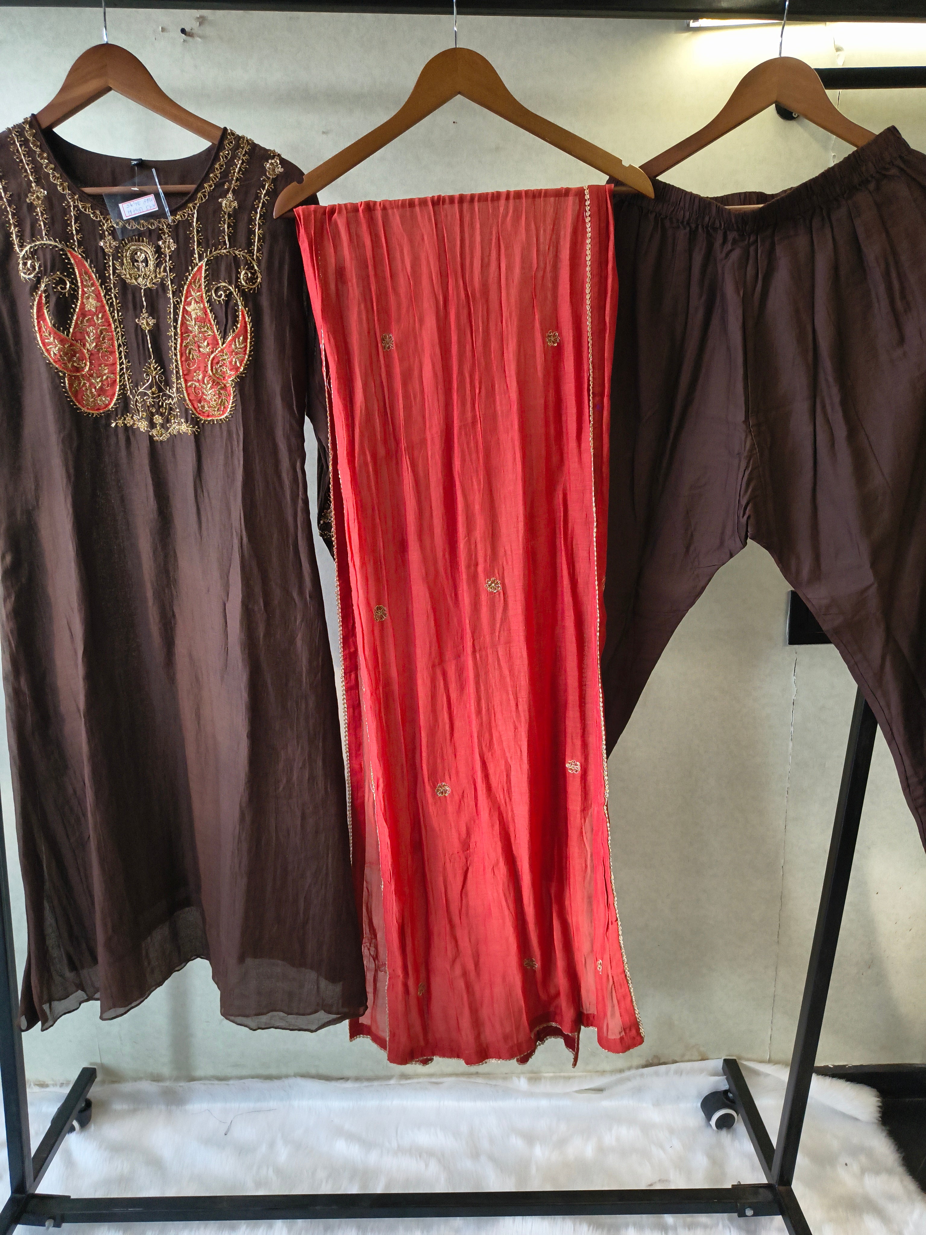 Image of Midnight Black Embroidered Straight Kurta Set with Statement Paisley Yoke, Contrast Crimson Dupatta & Premium 3 Piece Ethnic Ensemble