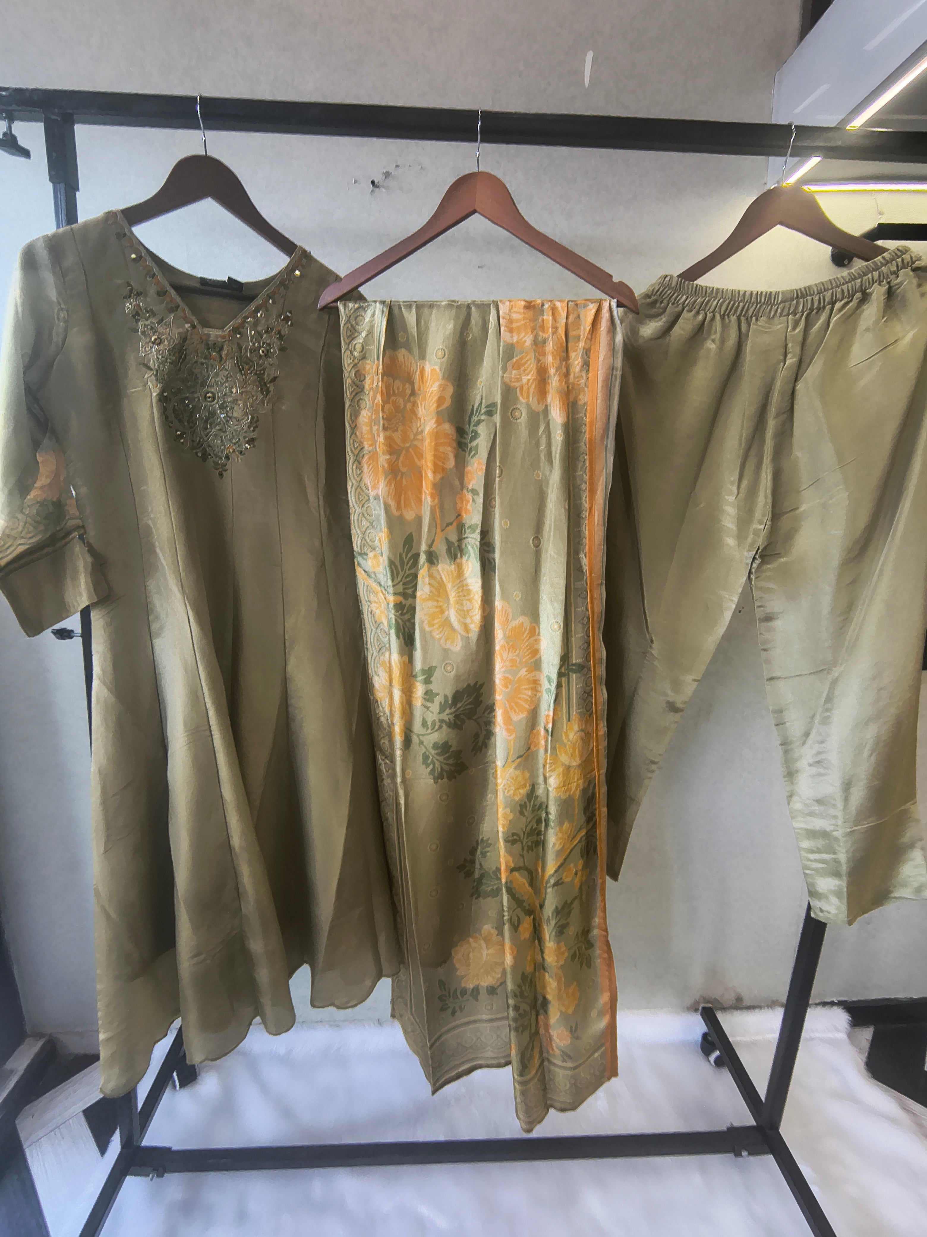 Image of Sage Olive Embroidered Designer Kurta Set with Floral Printed Dupatta | Premium 3 Piece Ethnic Suit