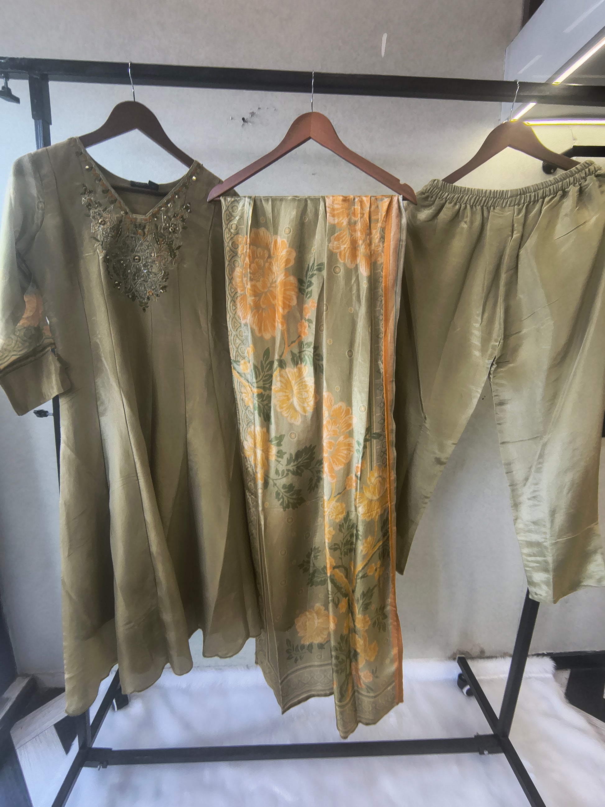Sage Olive Embroidered Designer Kurta Set with Floral Printed Dupatta | Premium 3 Piece Ethnic Suit