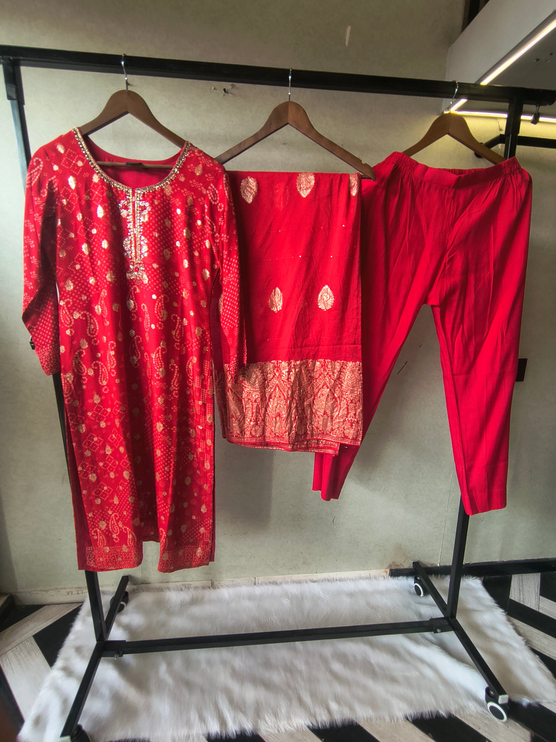 Premium Crimson Red Zari Woven Kurta with Straight Pants & Banarasi Border Dupatta Set