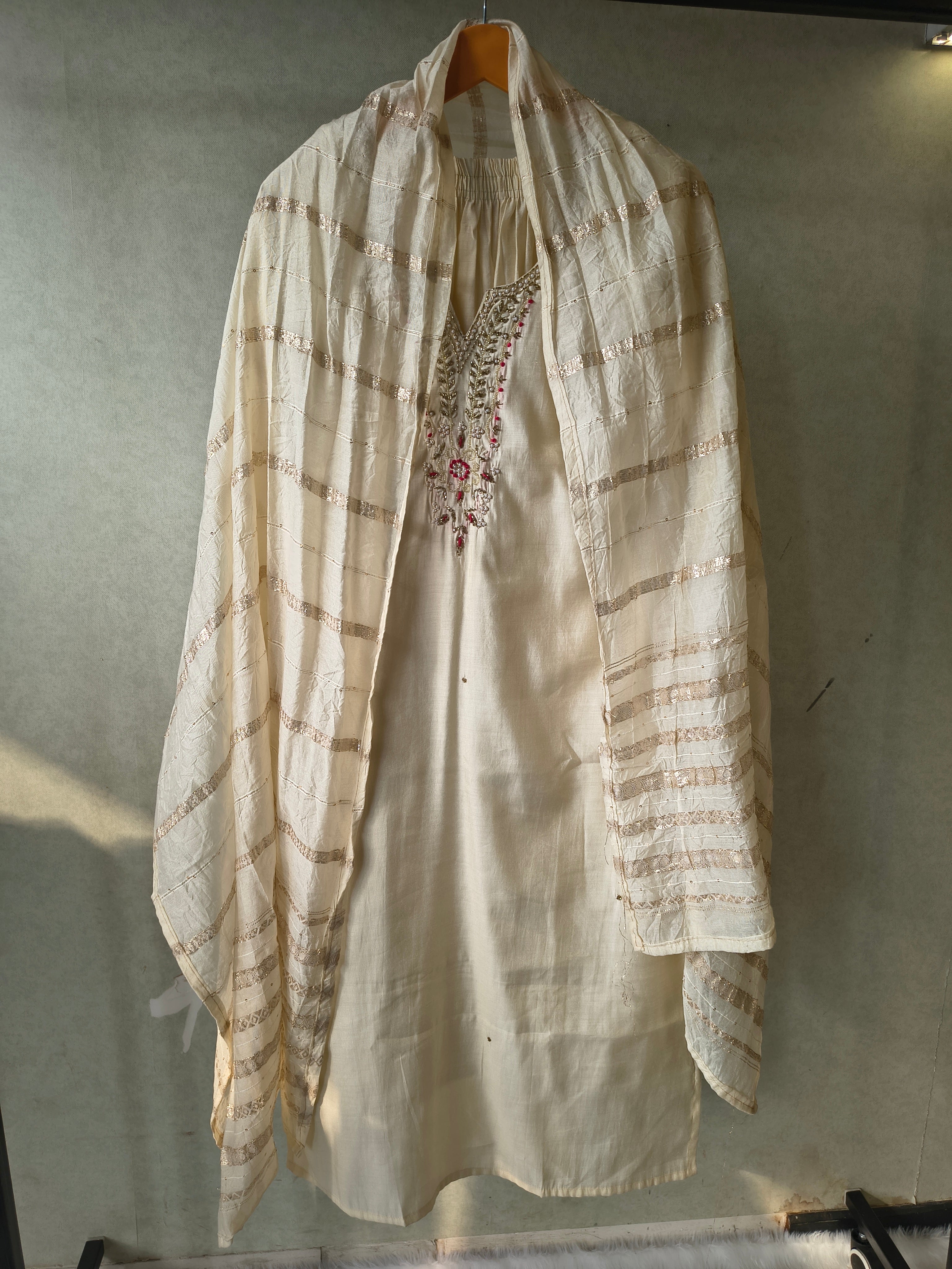 Image of Premium Ivory Hand-Embroidered Straight Kurta with Cotton Pants & Woven Dupatta Set