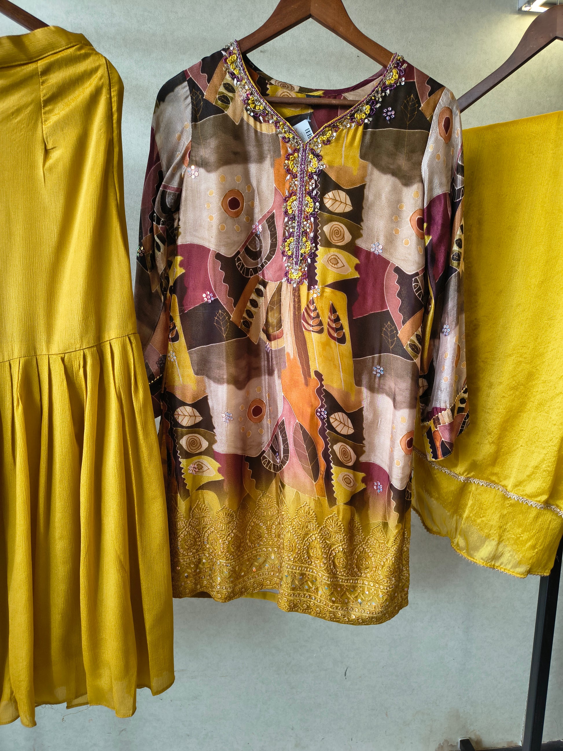 Premium Mustard Abstract Printed Kurta with Sharara & Dupatta Set