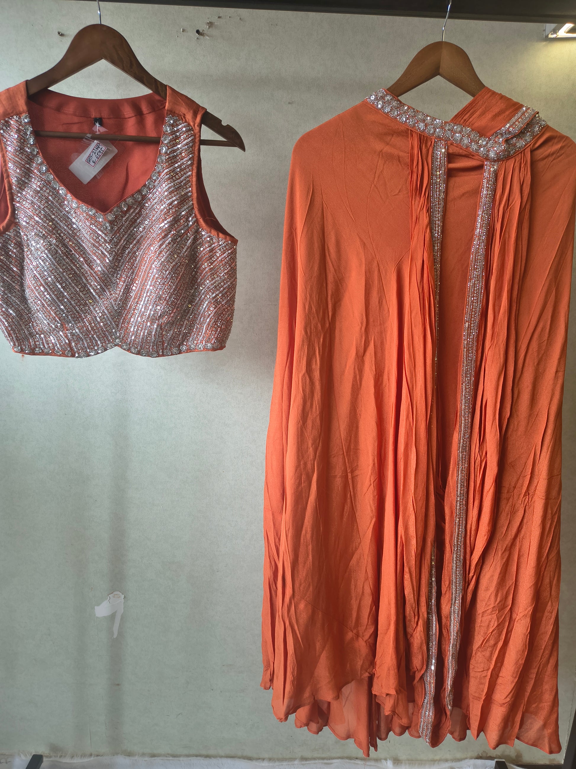 Burnt Orange Embellished Designer Blouse with Drape Palazzo & Cape – 3 Piece Indo-Western Party Wear Set