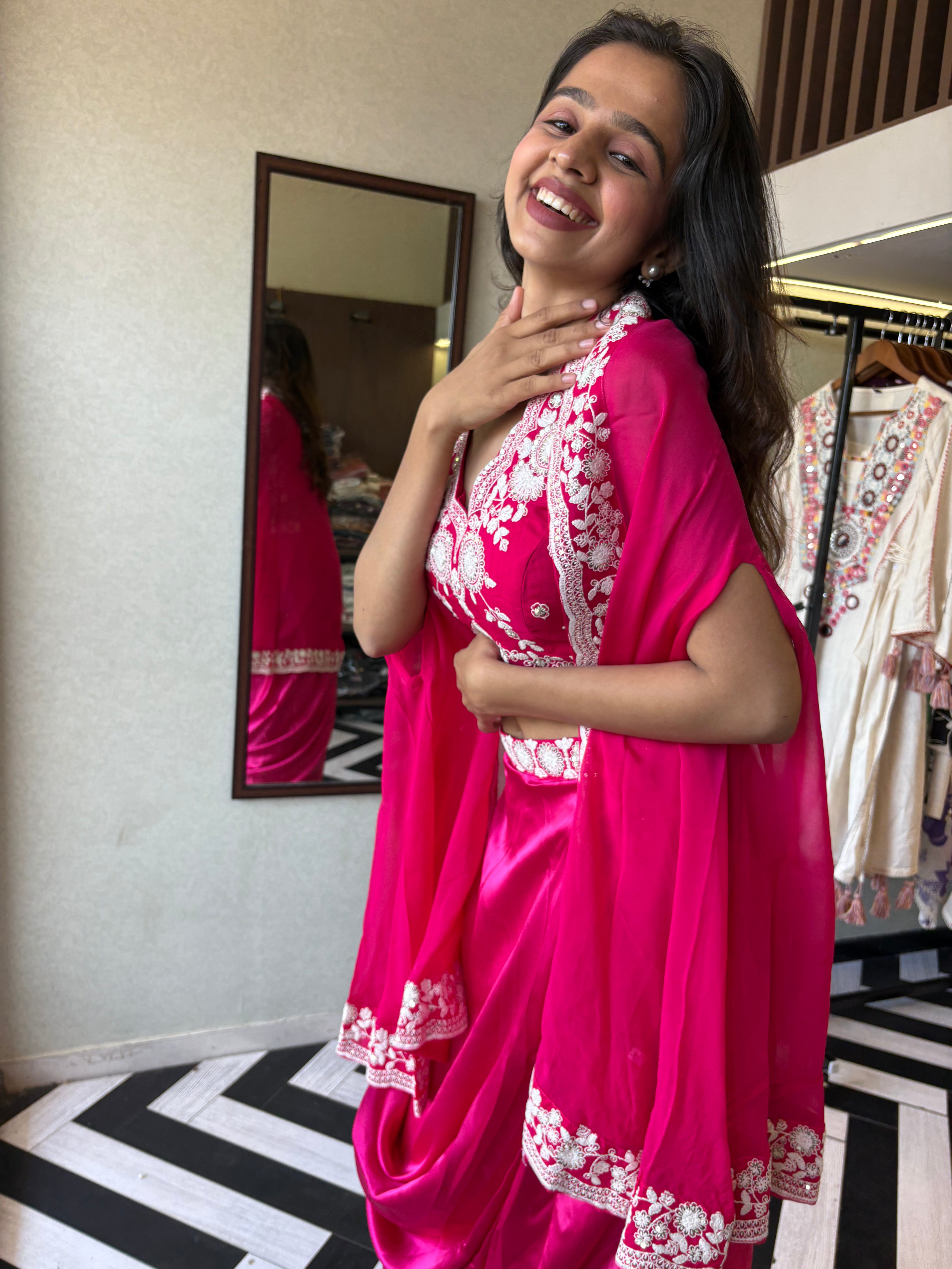 Pure crepe 3-piece Indo-Western beauty, featuring stunning hand embroidery and a drape-style silhouette that turns every occasion into a fashion moment.