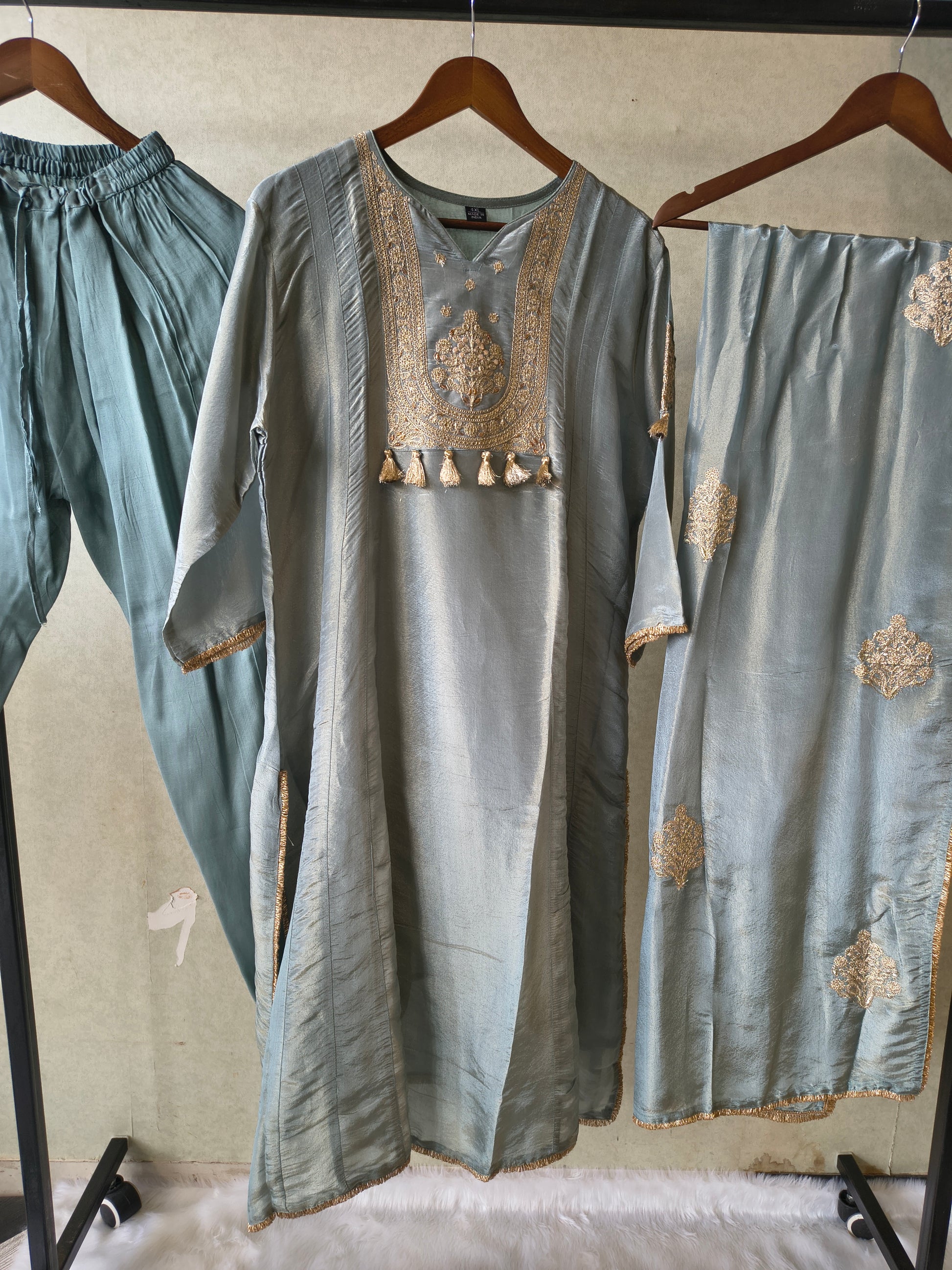 Premium Sage Blue Embroidered A-Line Kurta Set with Dupatta