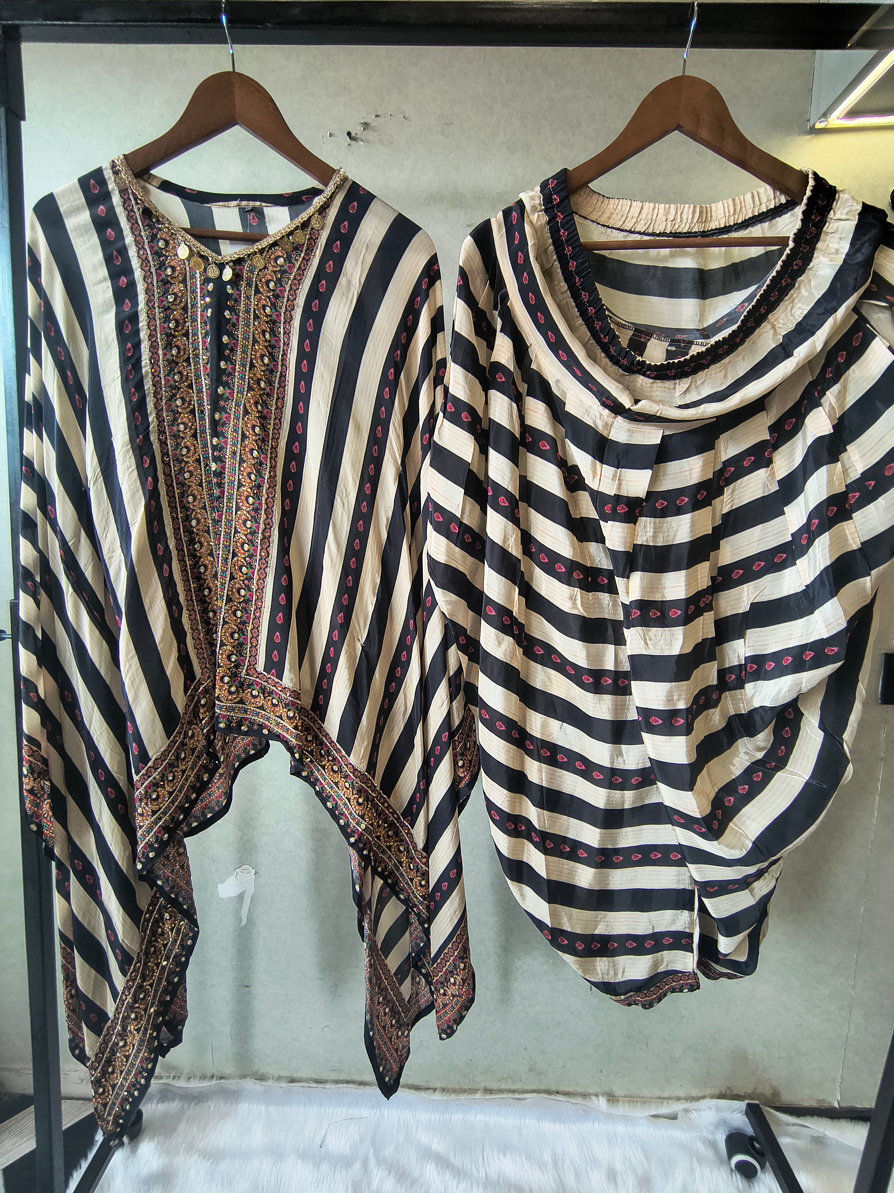 Image of Ivory & Navy Striped Designer Kaftan Co-Ord Set with Embroidered Neckline & Draped Silhouette