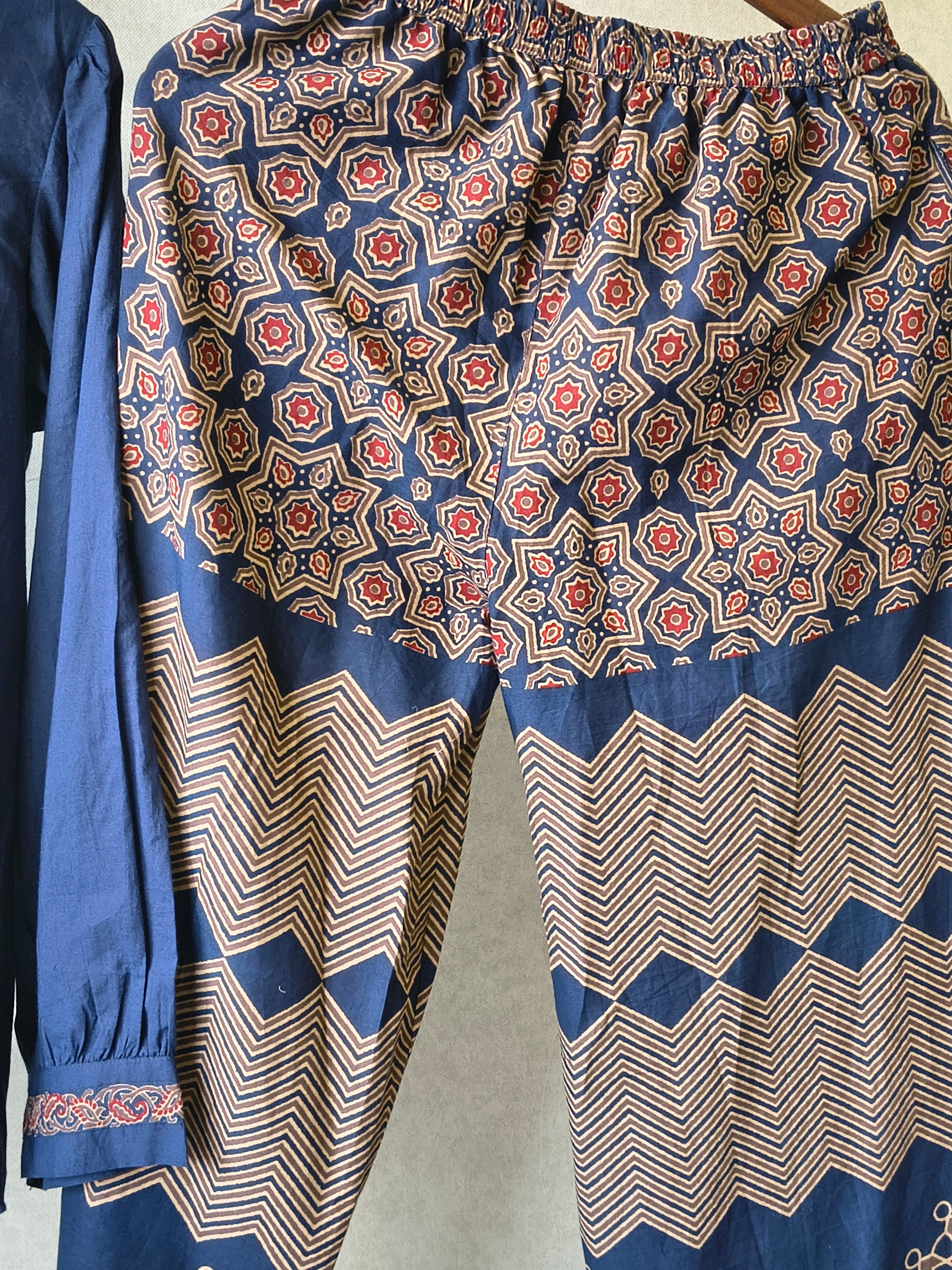 Image of Navy Blue Designer Shirt Co-Ord Set with Statement Printed Palazzo Pants