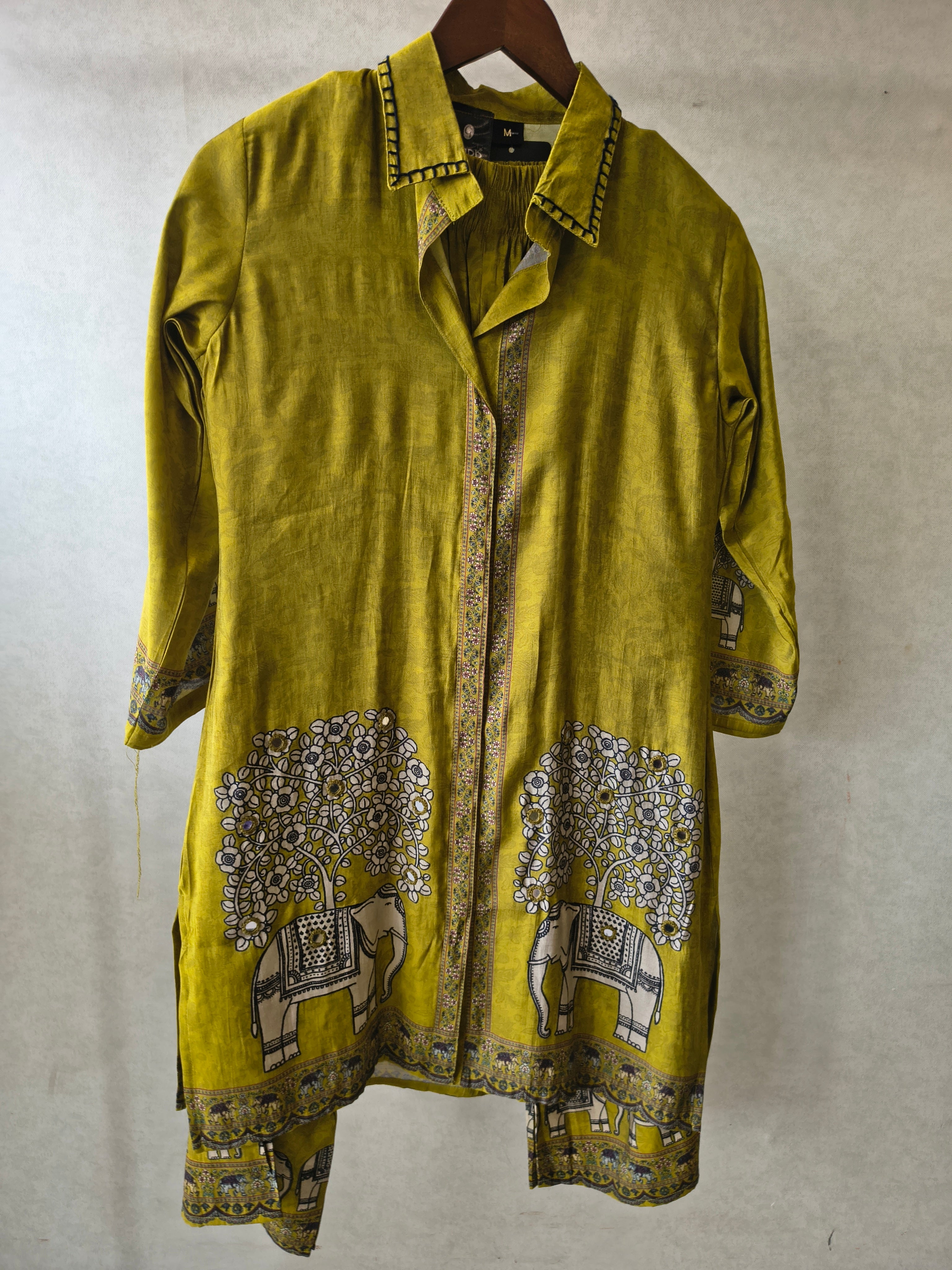 Image of Mustard Yellow Elephant Print Designer Co-Ord Set with Asymmetrical Hem