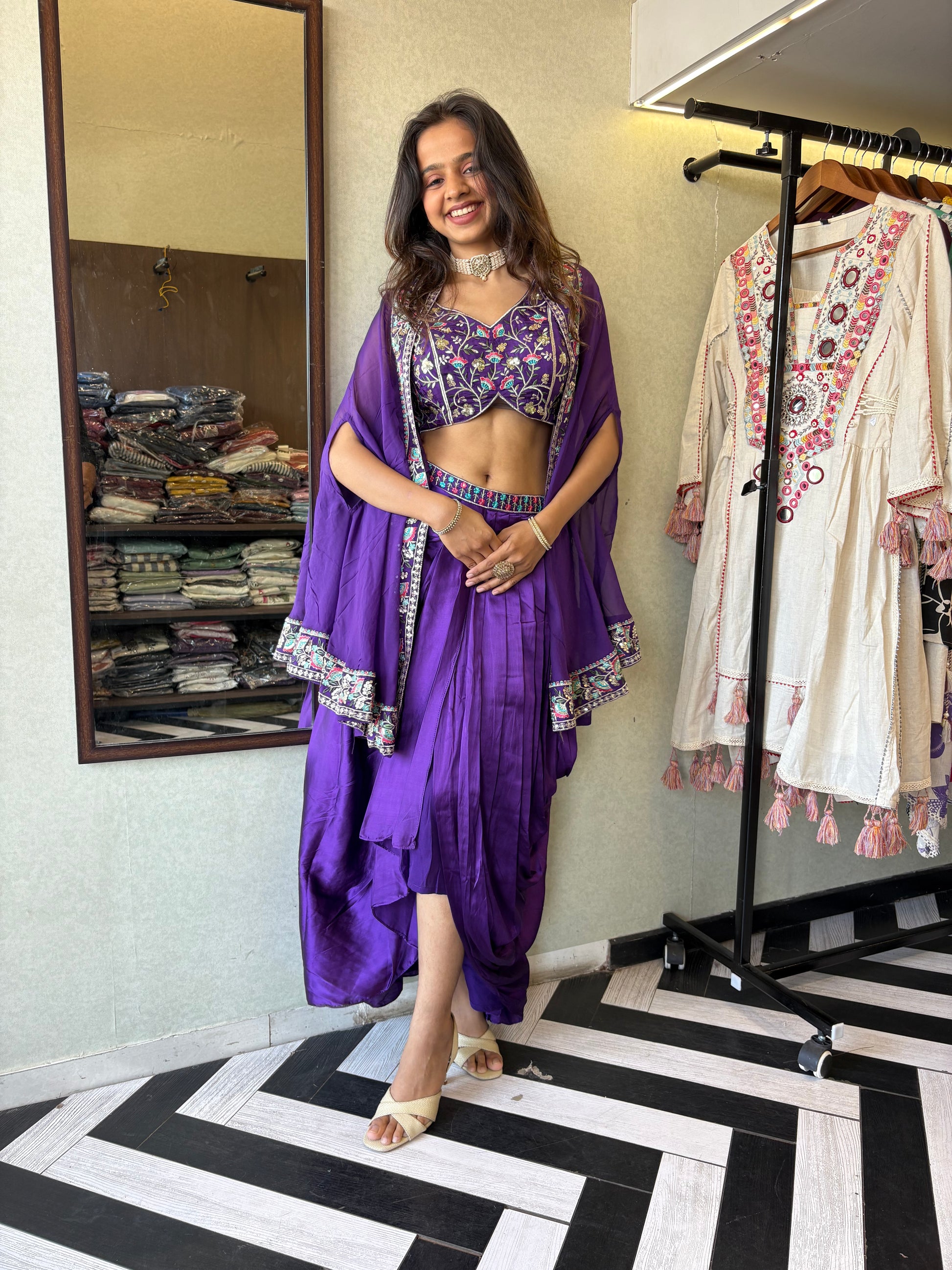 Elegance, Embroidery & the Perfect Drape - All in One Look!

Make your presence unforgettable in this pure crepe purple 3-piece Indo-Western. Full hand embroidery, flawless drape, and designer finishing - this is what statement style looks like
