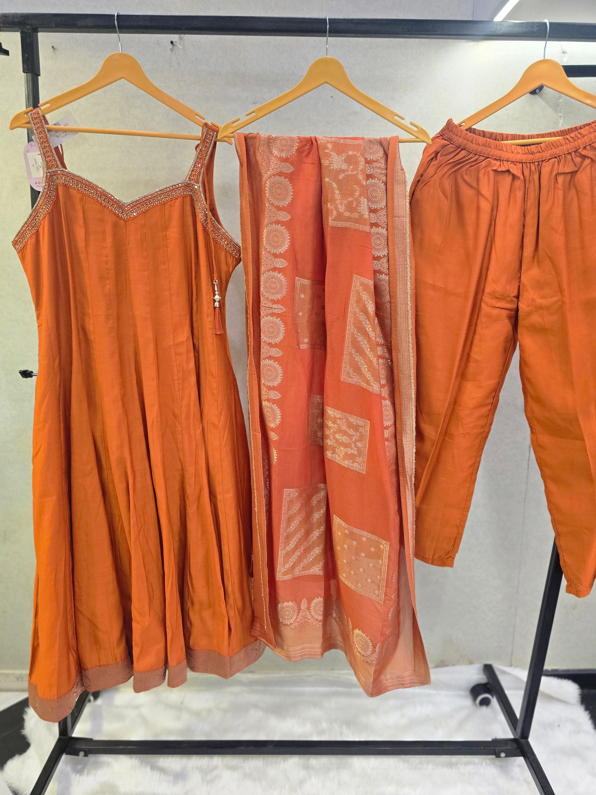 Rust Orange Embellished A-Line Kurta Set with Printed Dupatta | Premium 3 Piece Ethnic Suit