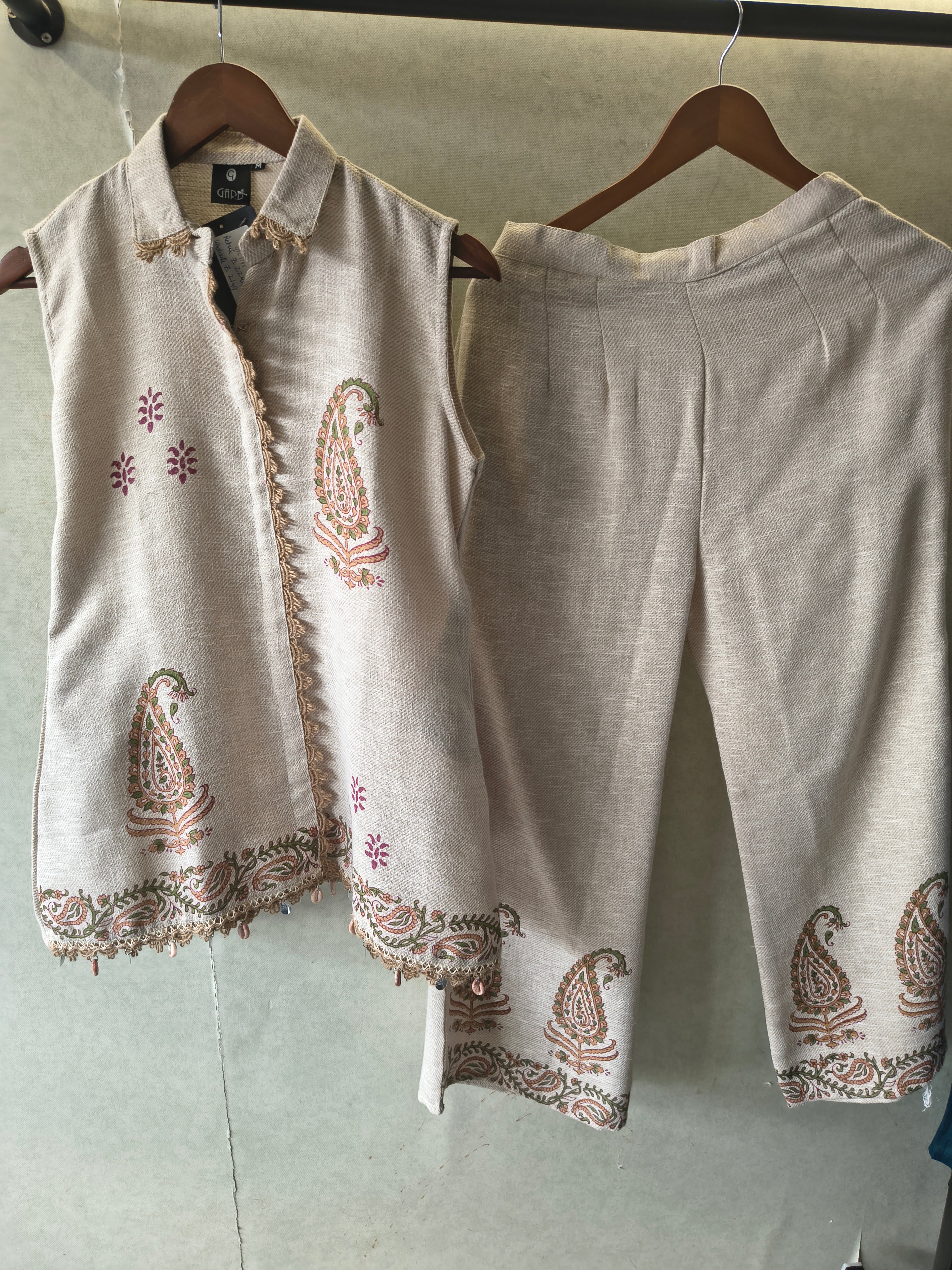 Image of Natural Beige Paisley Printed Sleeveless Designer Co-Ord Set