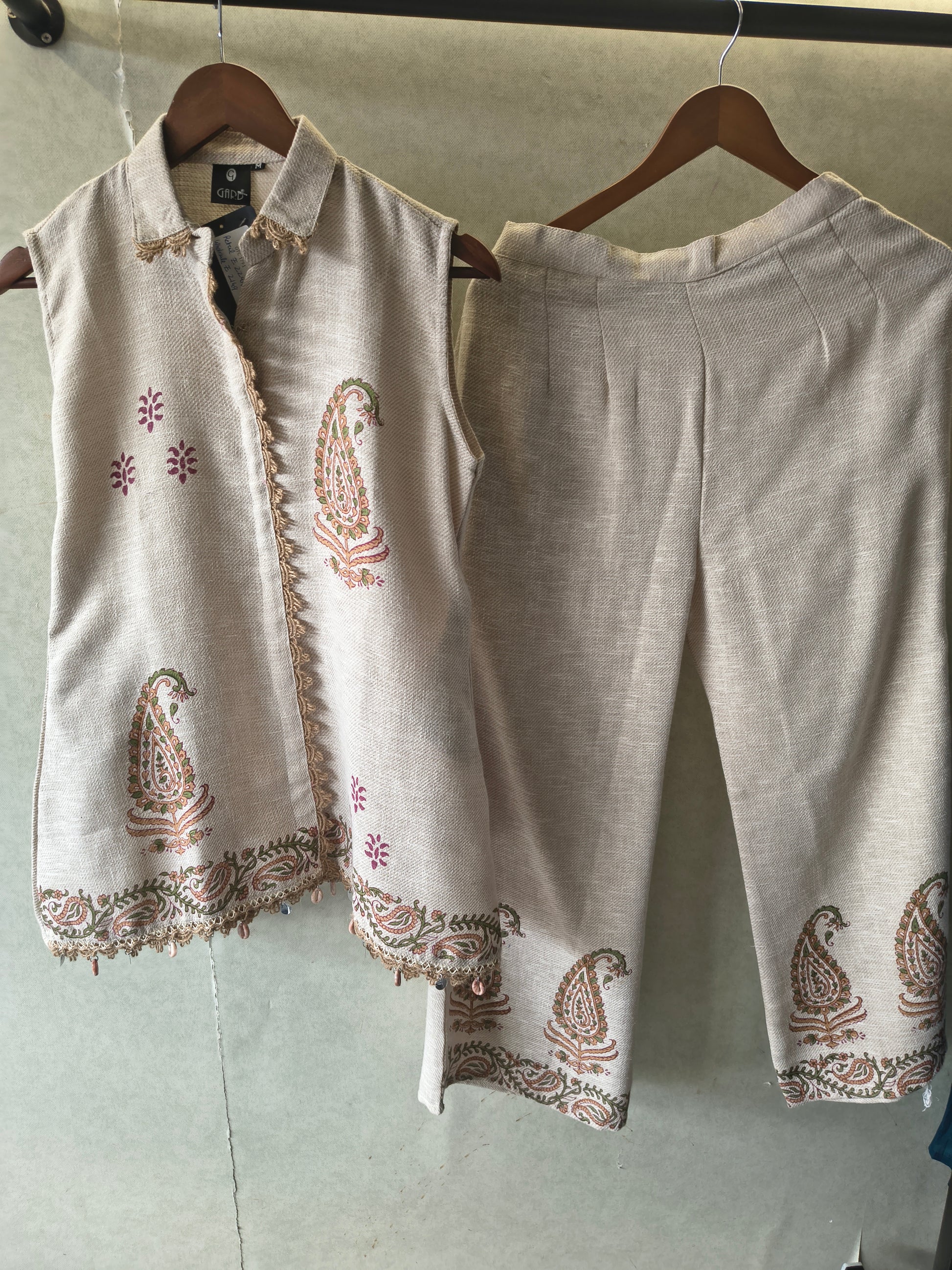 Natural Beige Paisley Printed Sleeveless Designer Co-Ord Set