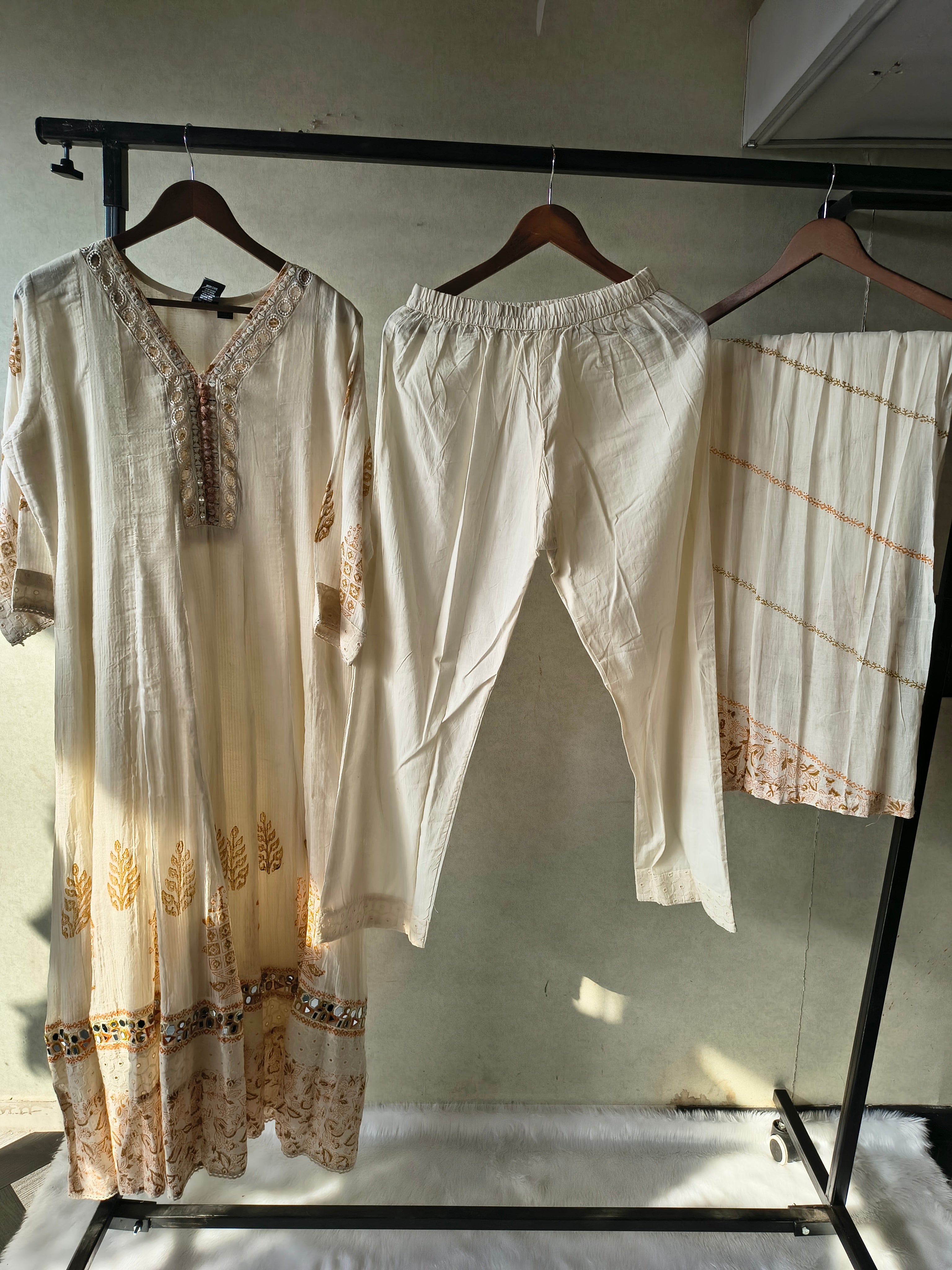 Image of Premium Ivory Embroidered Anarkali Kurta Set with Mirror Work & Cotton Dupatta