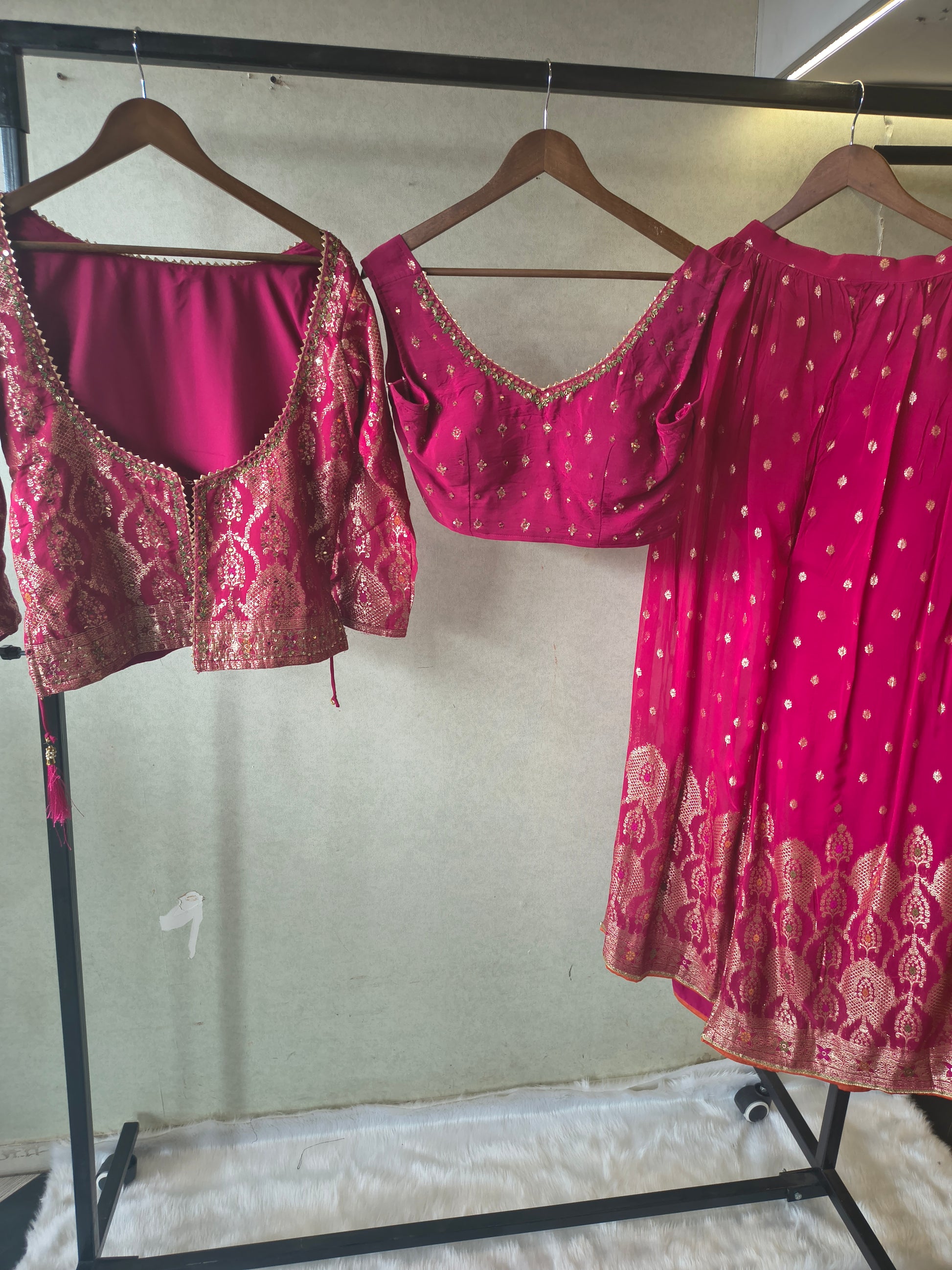 Rani Pink Banarasi Lehenga Set with Dual Designer Blouses – Woven Festive Wedding Ensemble