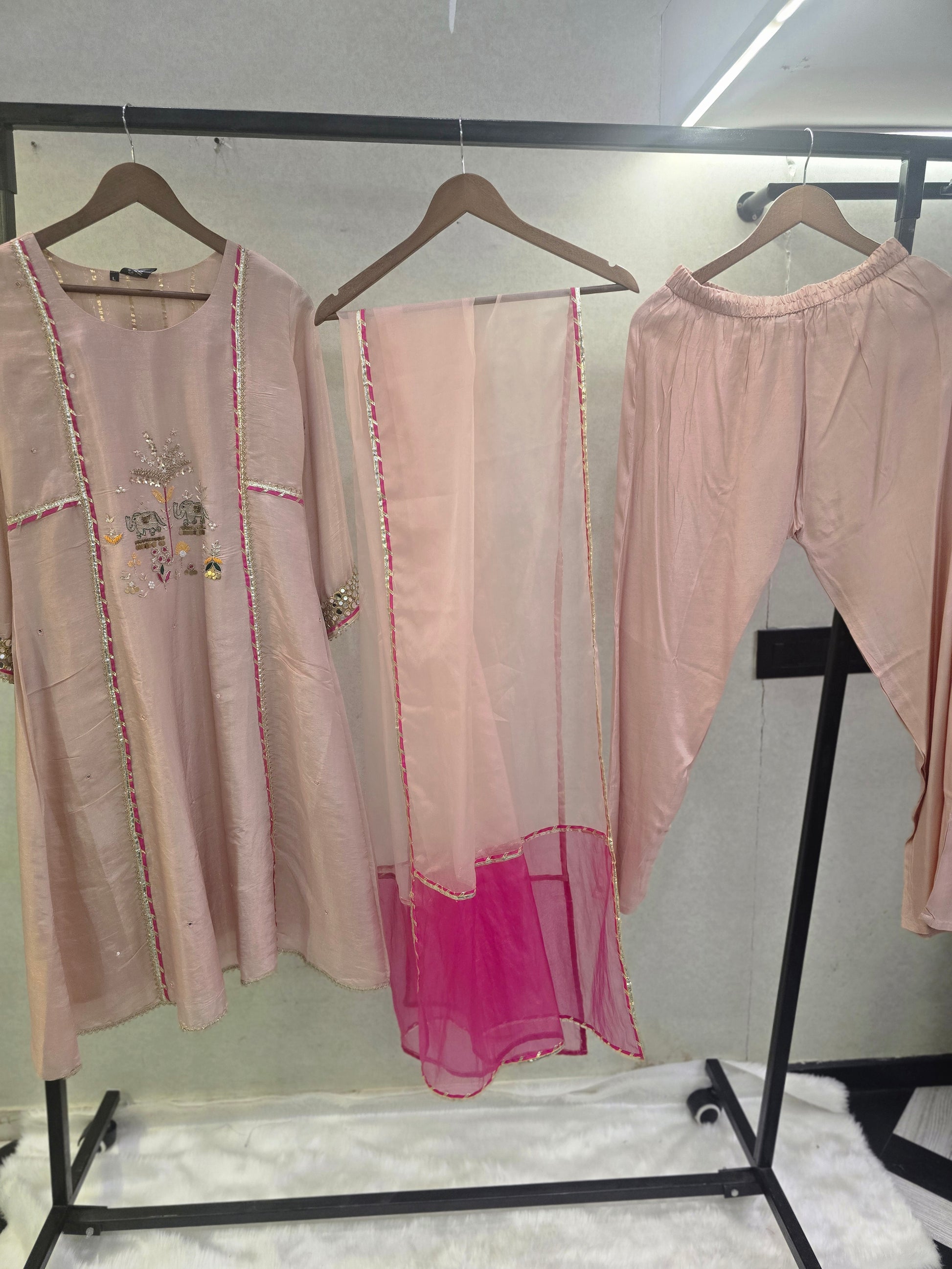 Blush Pink Hand-Embroidered Kurta Set with Contrast Organza Dupatta | Premium 3 Piece Ethnic Suit
