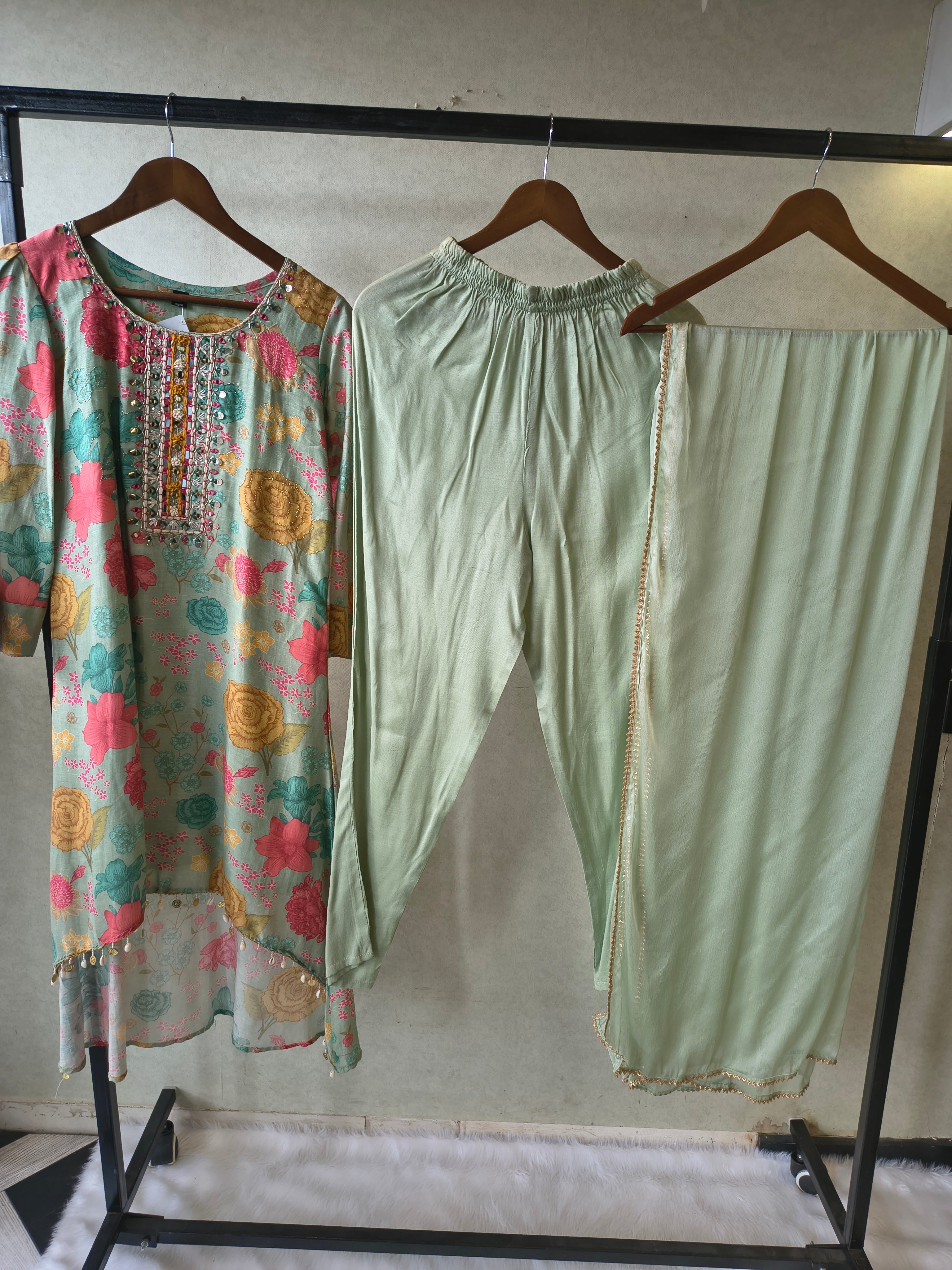 Image of Premium Mint Green Floral Printed Kurta Set with Embellished Neckline & Dupatta