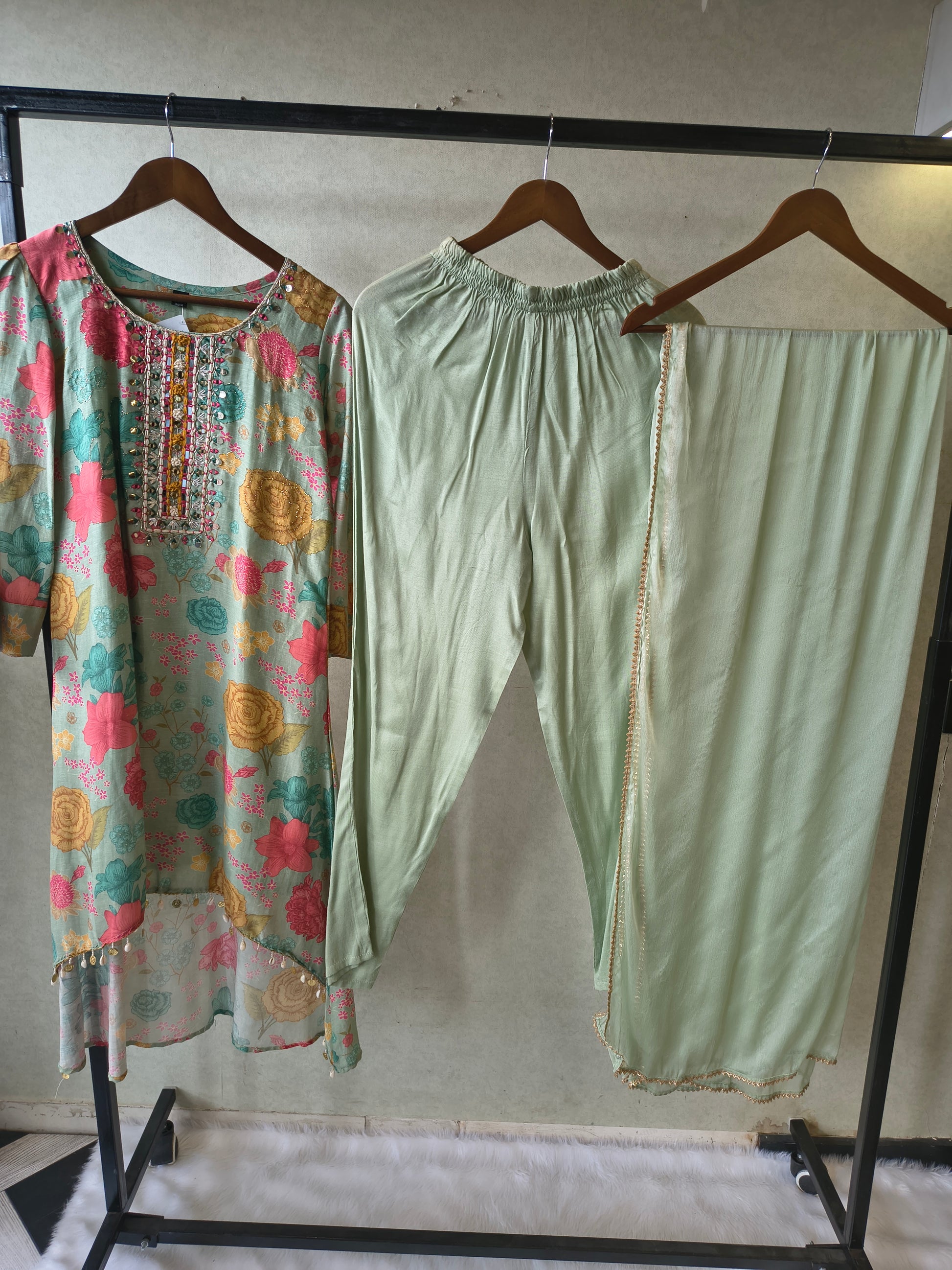 Premium Mint Green Floral Printed Kurta Set with Embellished Neckline & Dupatta