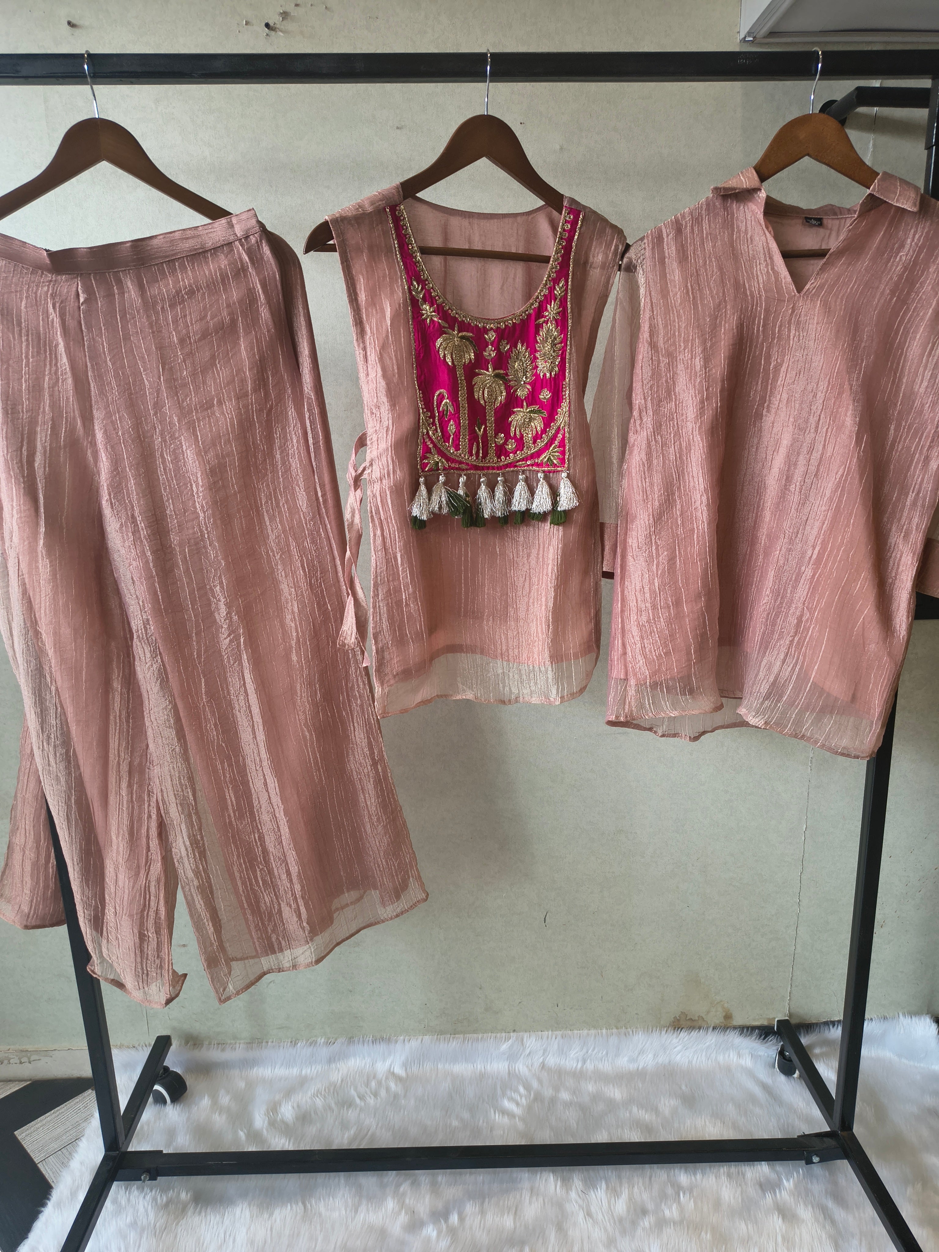 Image of Premium Rose Gold Tissue Silk 3-Piece Co-Ord Set with Hand Embellished Jacket, Inner & Palazzo