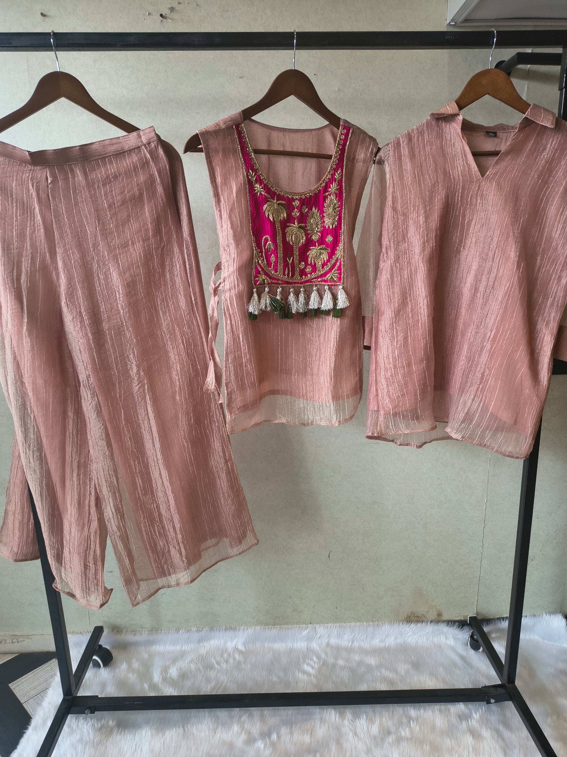 Premium Rose Gold Tissue Silk 3-Piece Co-Ord Set with Hand Embellished Jacket, Inner & Palazzo