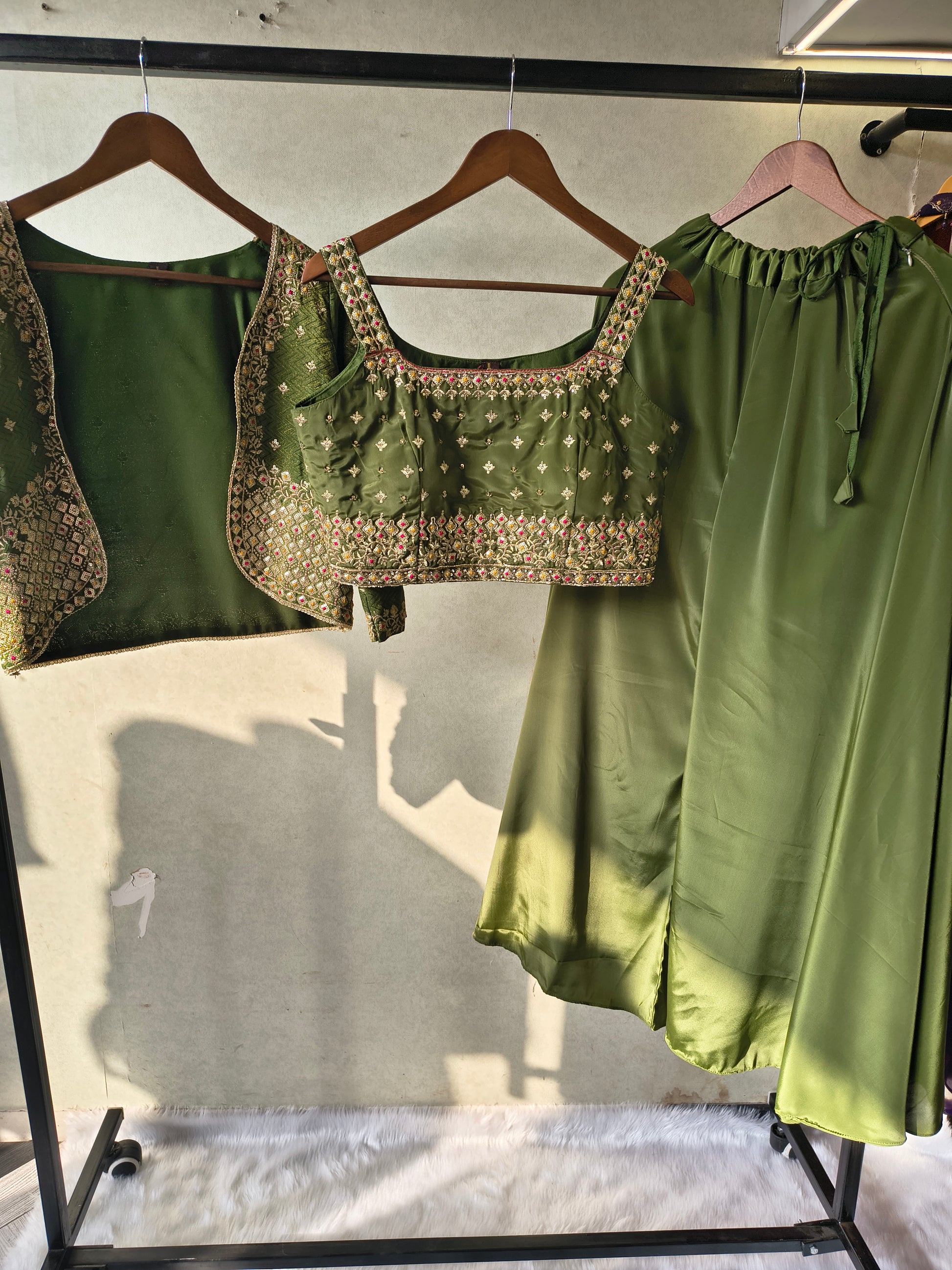 Luxury Olive Green Embellished Blouse with Embroidered Jacket & Flared Palazzo – 3 Piece Designer Indo-Western Set