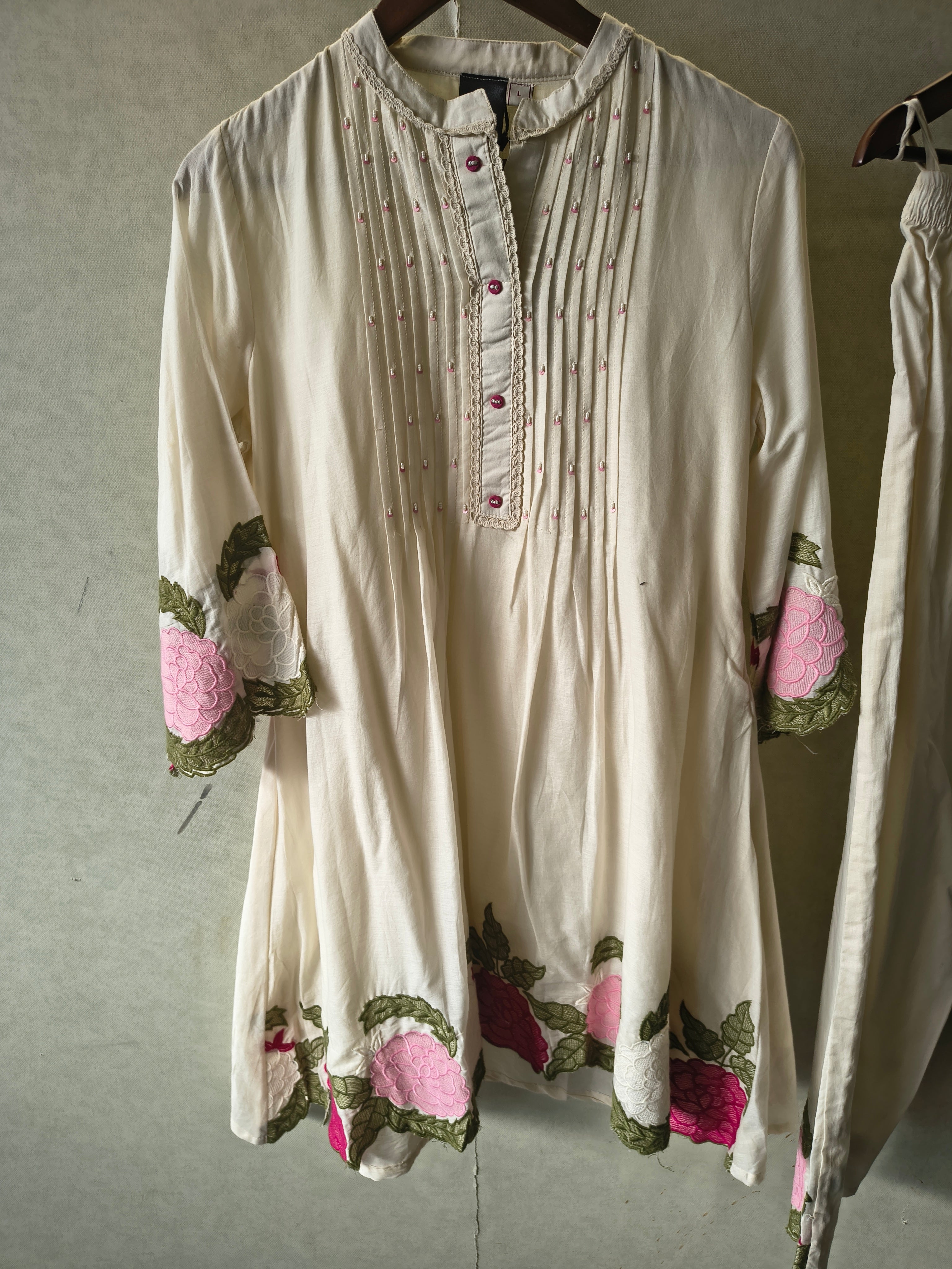 Image of Ivory Floral Embroidered Pintuck Designer Kurta Pant Co-Ord Set