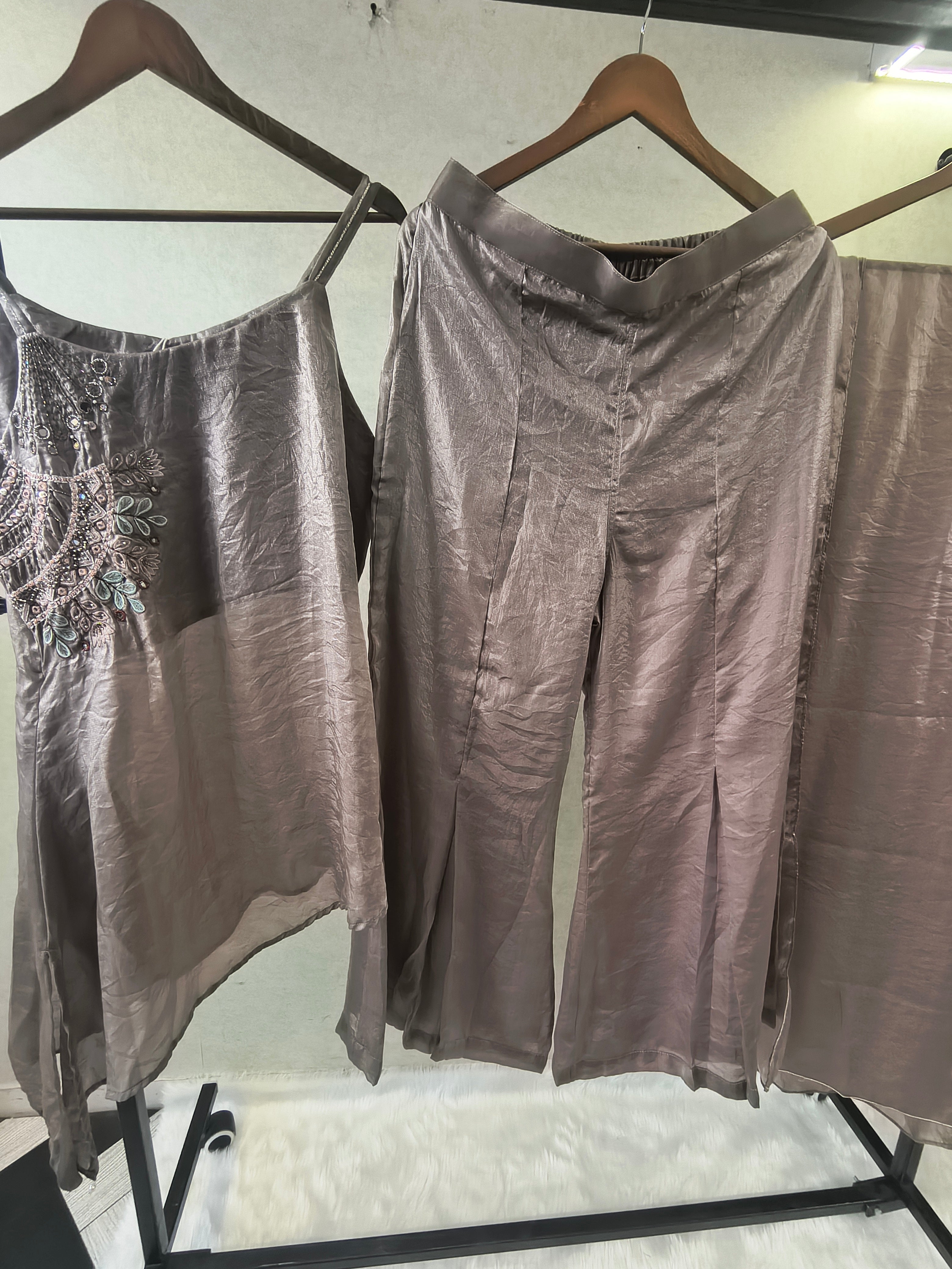 Image of Steel Grey Asymmetrical Embroidered Indo-Western Kurta Set with Straight Pants & Dupatta – 3 Piece Designer Co-Ord Set