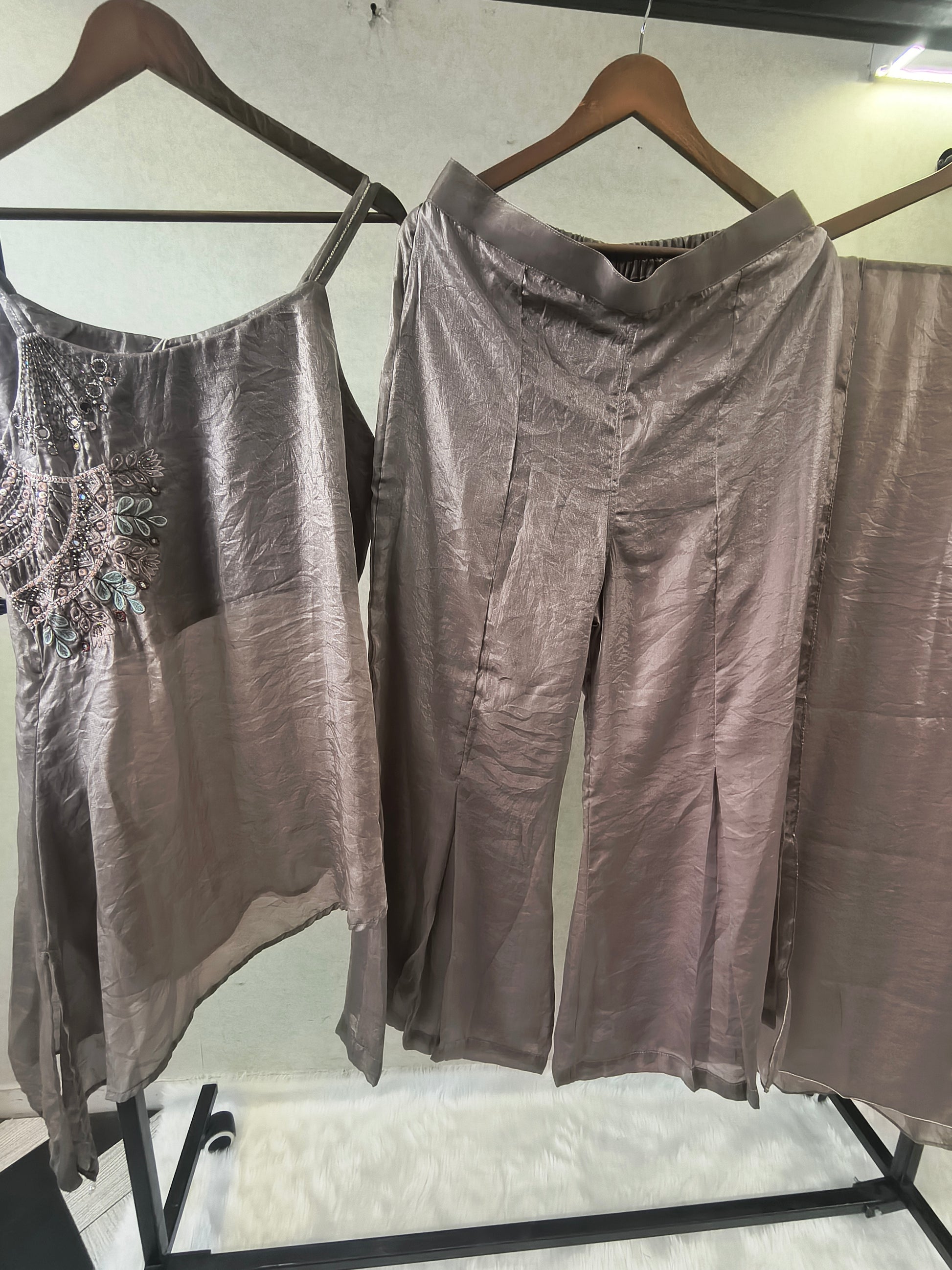 Steel Grey Asymmetrical Embroidered Indo-Western Kurta Set with Straight Pants & Dupatta – 3 Piece Designer Co-Ord Set