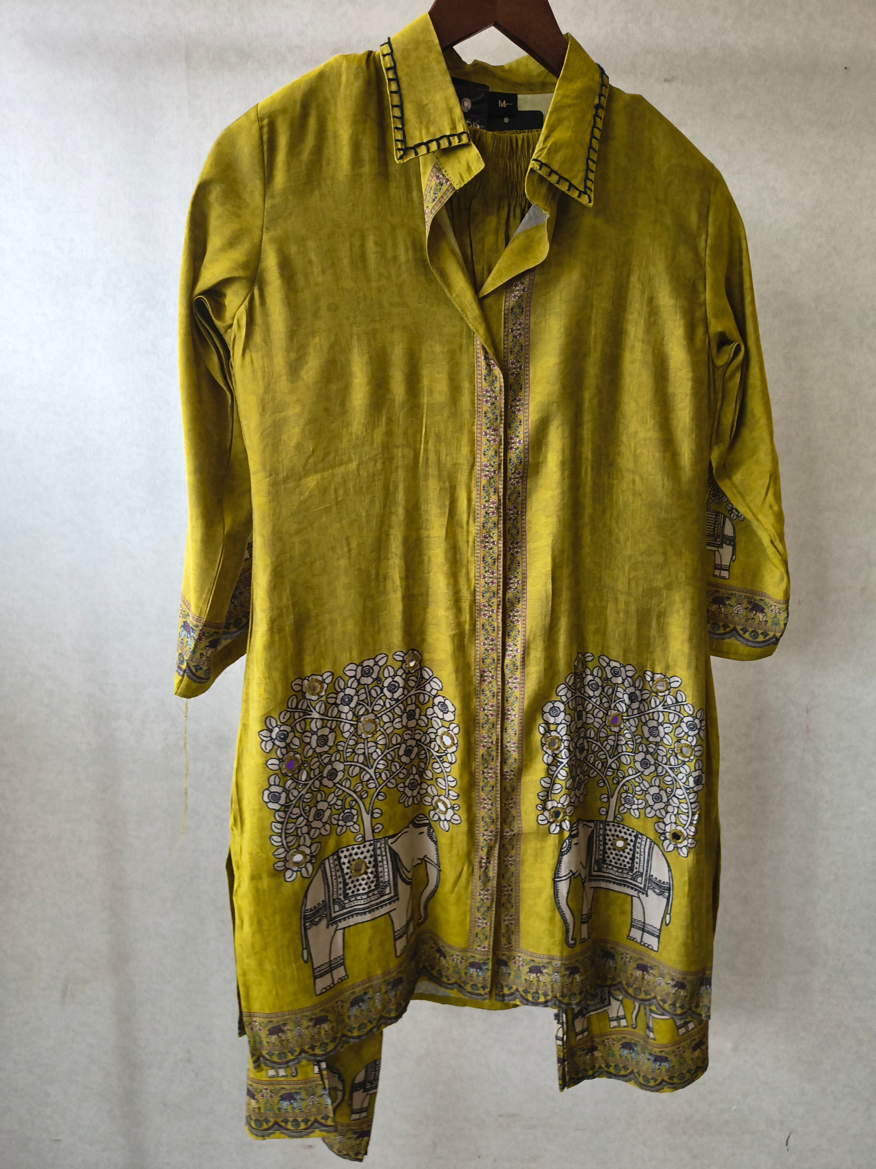 Image of Mustard Yellow Elephant Print Designer Co-Ord Set with Asymmetrical Hem