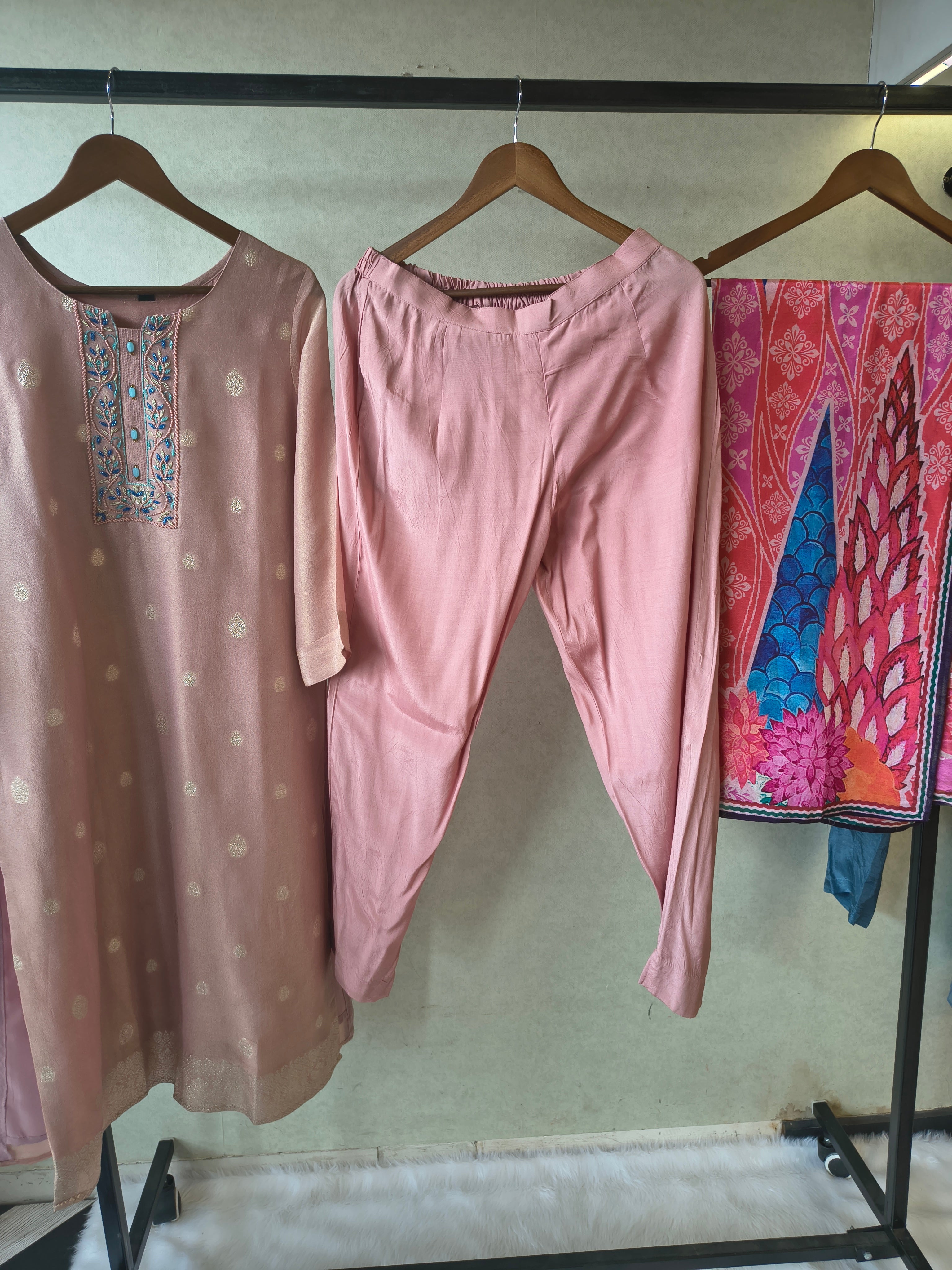 Image of Premium Blush Pink Embroidered Straight Kurta with Cigarette Pants & Designer Printed Dupatta Set