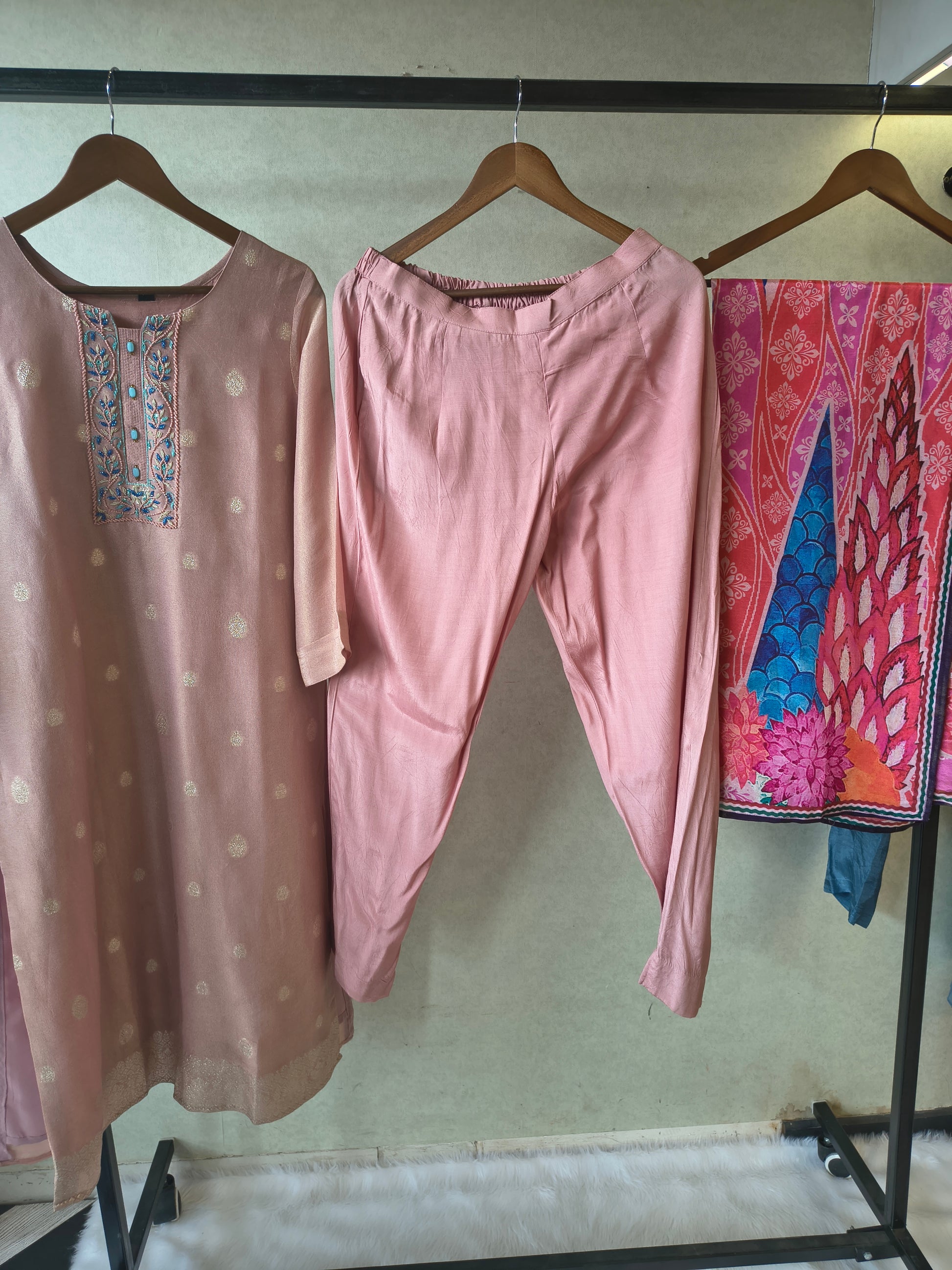 Premium Blush Pink Embroidered Straight Kurta with Cigarette Pants & Designer Printed Dupatta Set