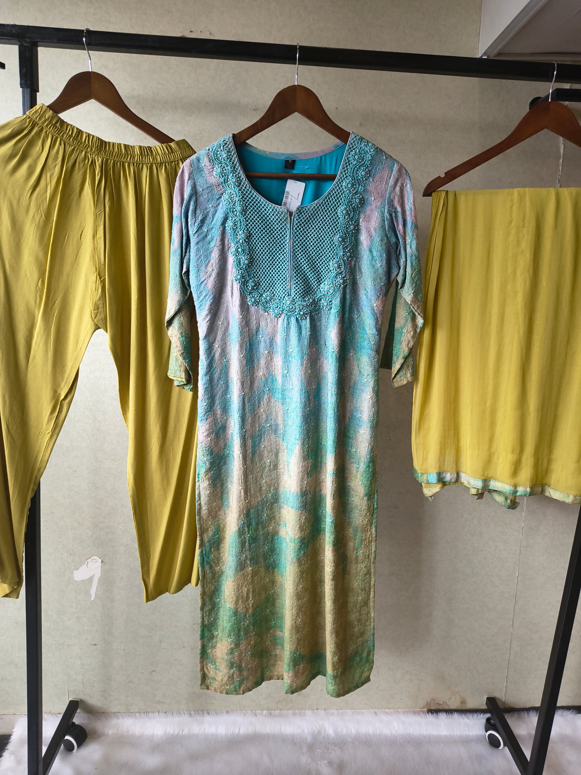 Premium Aqua Blue Digital Printed Kurta Set with Embroidered Yoke & Solid Mustard Palazzo with Dupatta