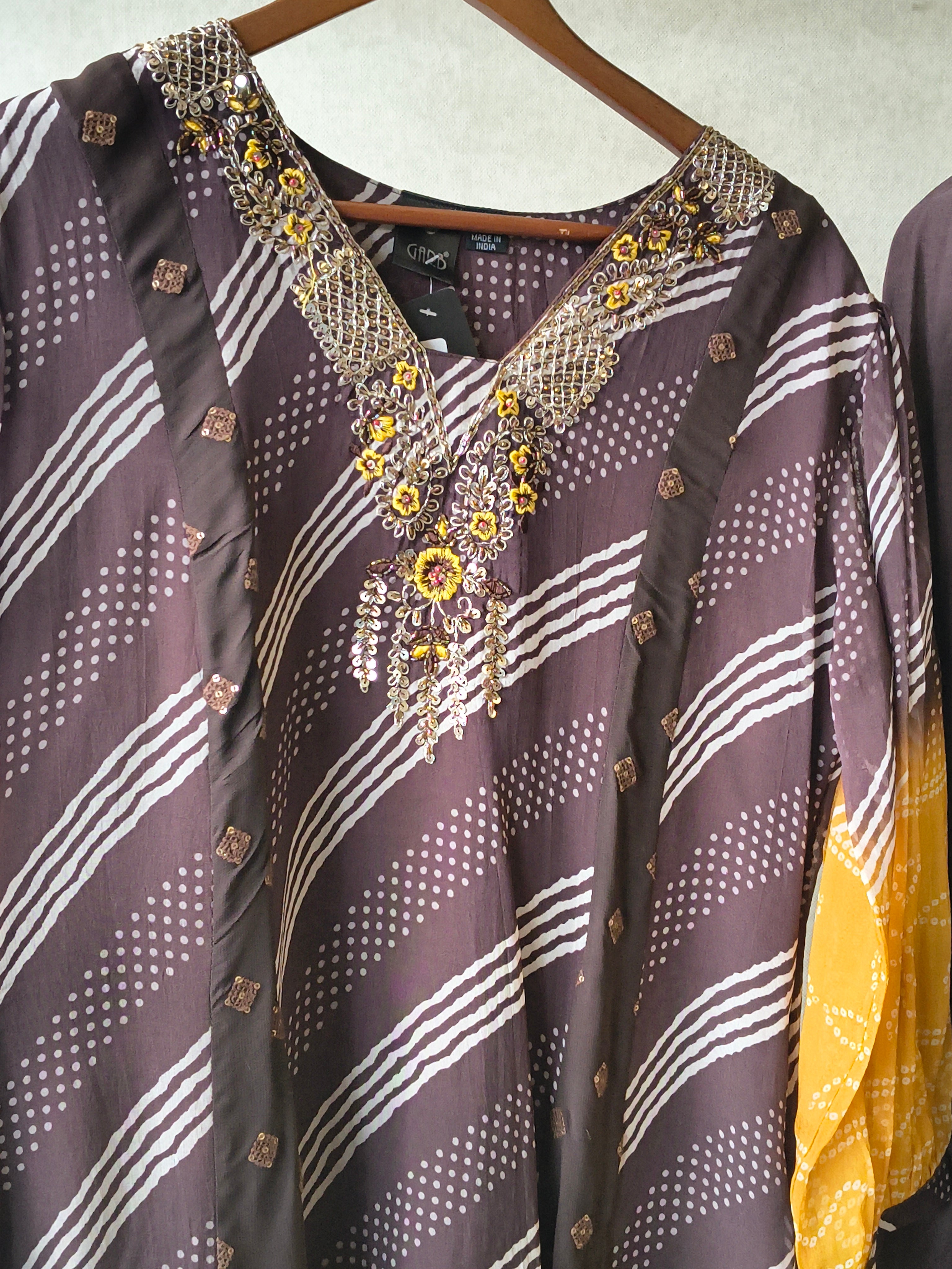 Image of Premium Charcoal & Mustard Bandhani Print Kaftan Kurta with Dhoti Pants Set