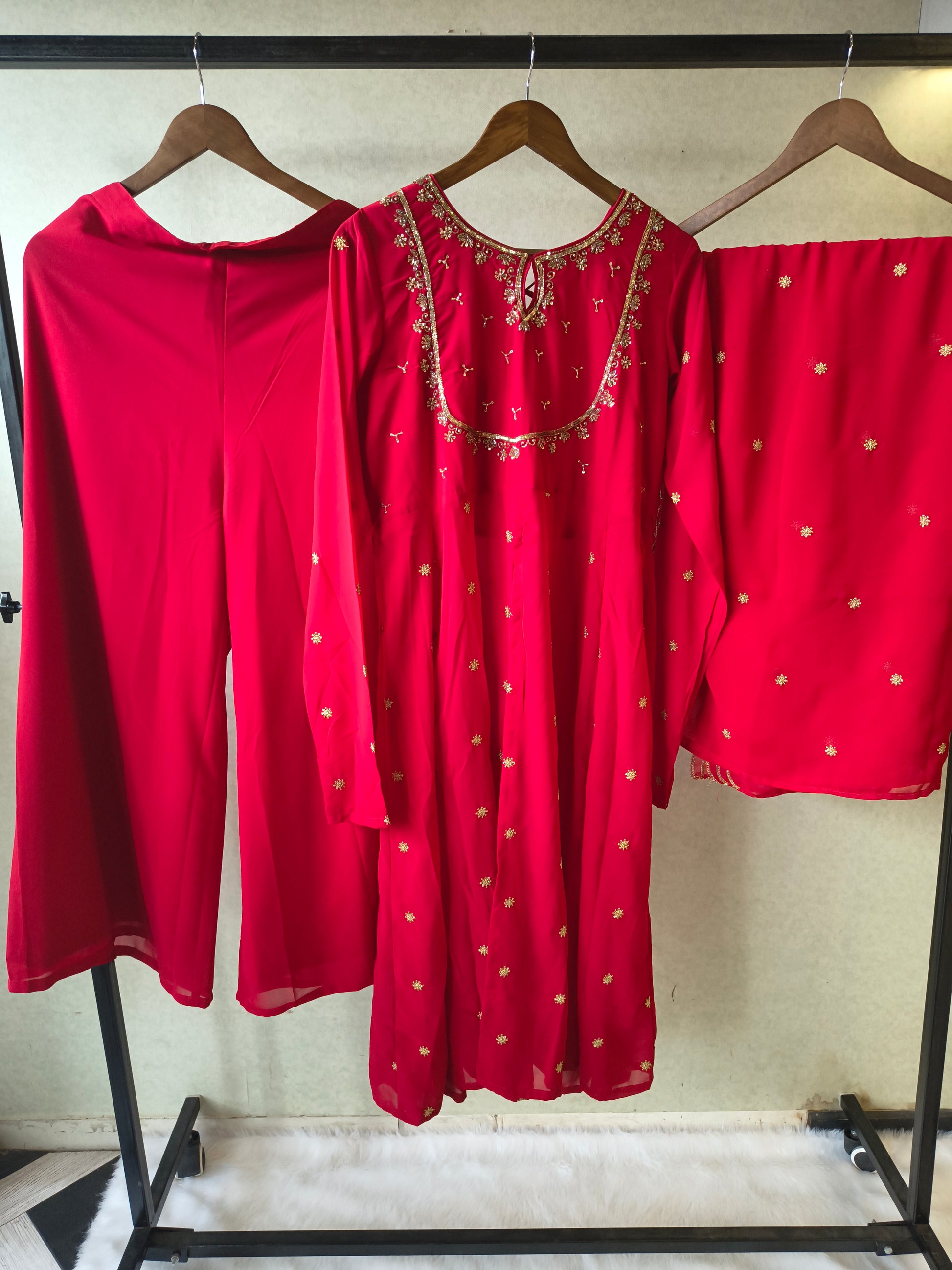 Premium Ruby Red Embroidered Kurta with Sharara & Embellished Dupatta Set