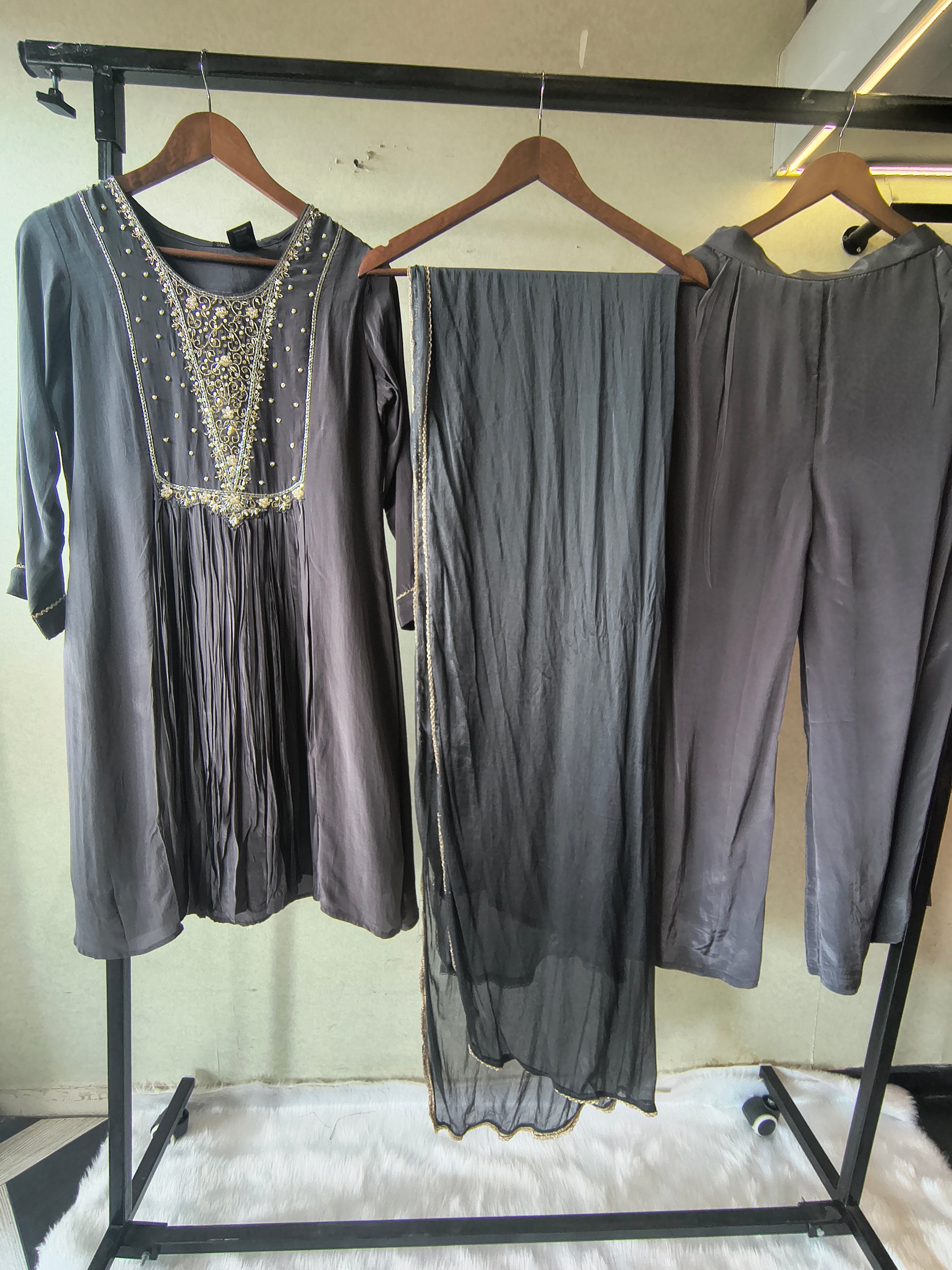 Charcoal Grey Hand Embroidered Anarkali Kurta Set with Churidar Pants & Sheer Dupatta – Premium 3 Piece Festive Ensemble