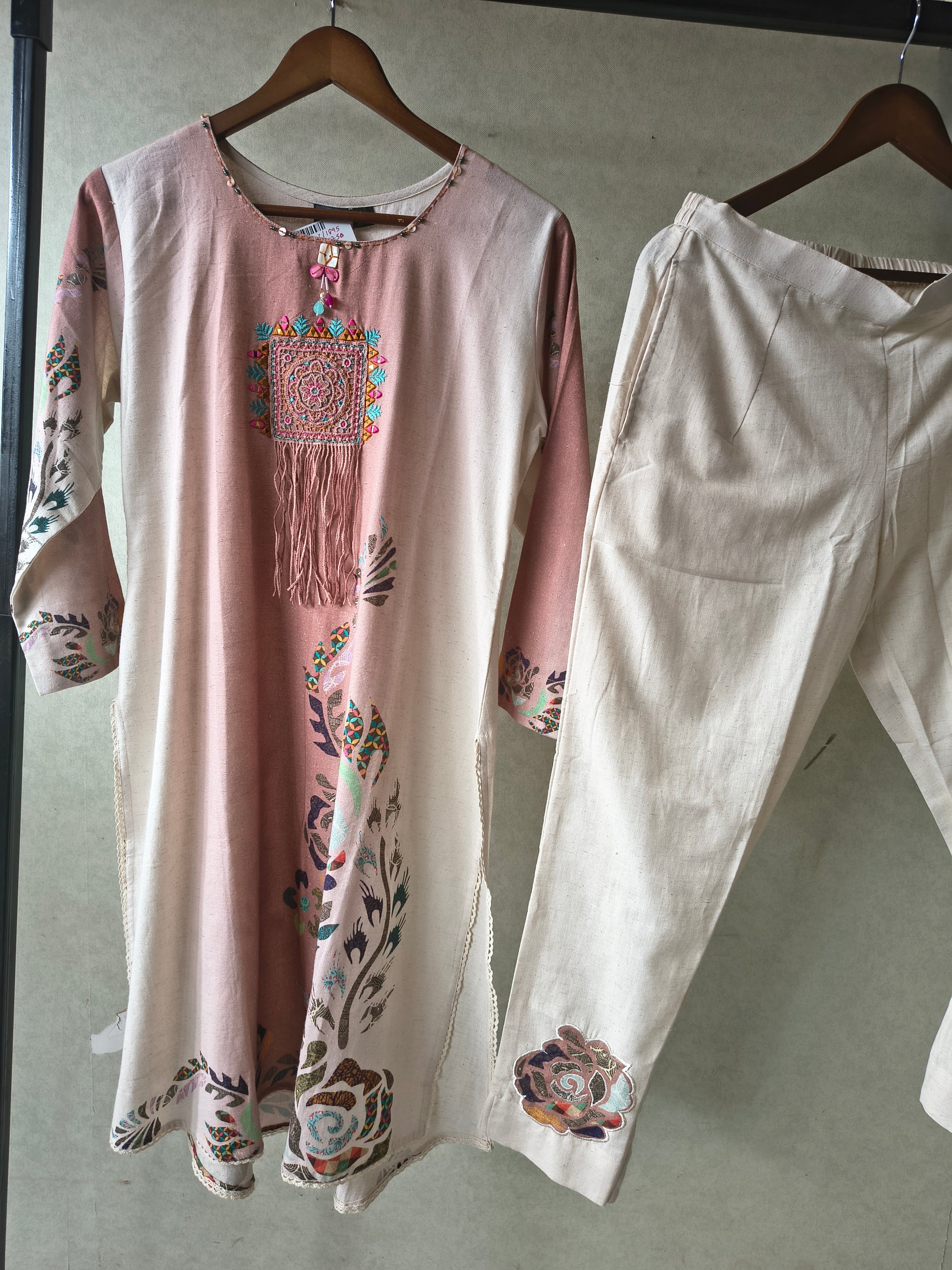 Premium Blush Pink Linen Blend Kurta Set with Handcrafted Embroidered Tassel Patch & Embroidered Pants