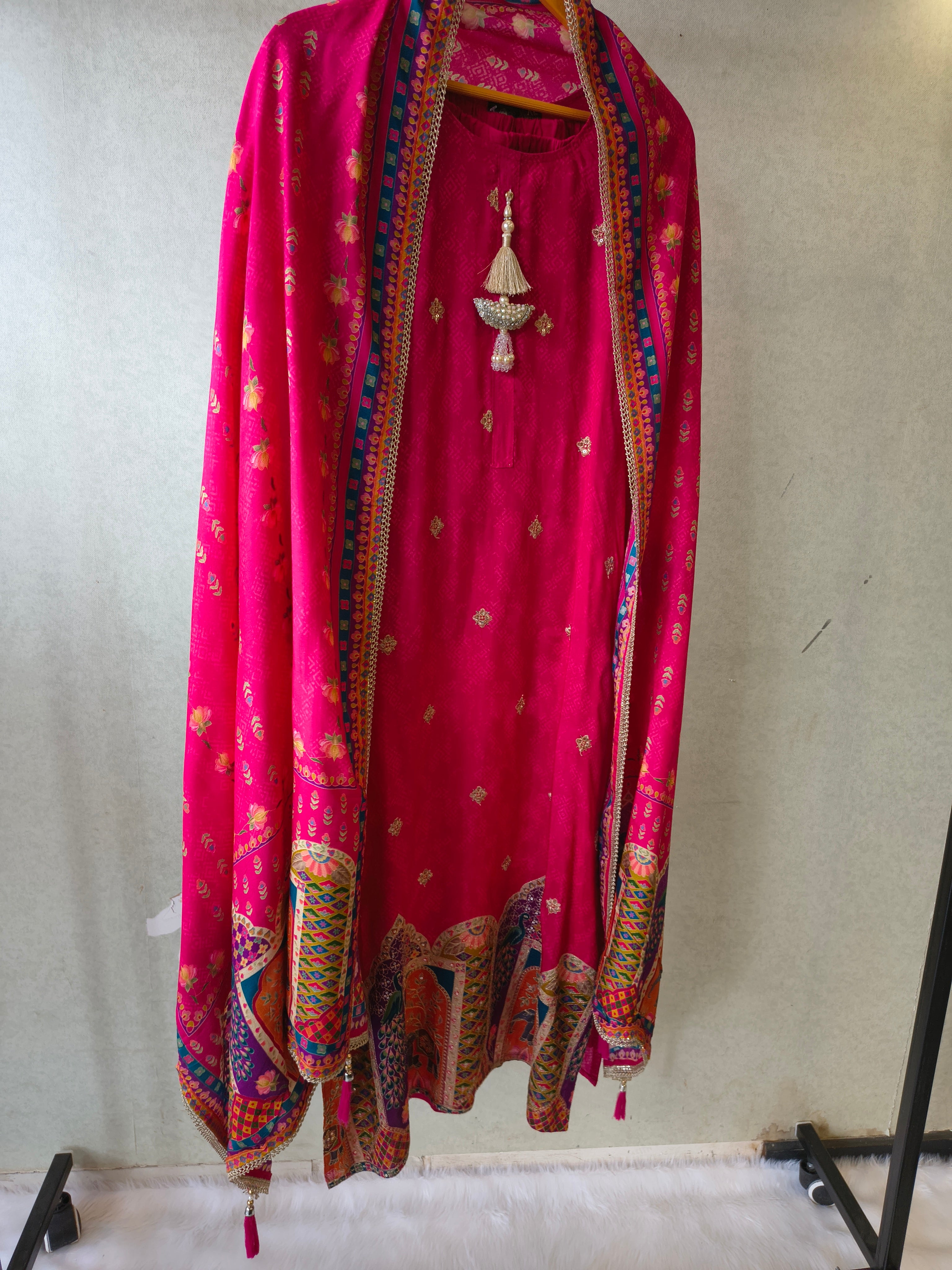 Image of Premium Rani Pink Printed Straight Kurta with Cigarette Pants & Dupatta Set