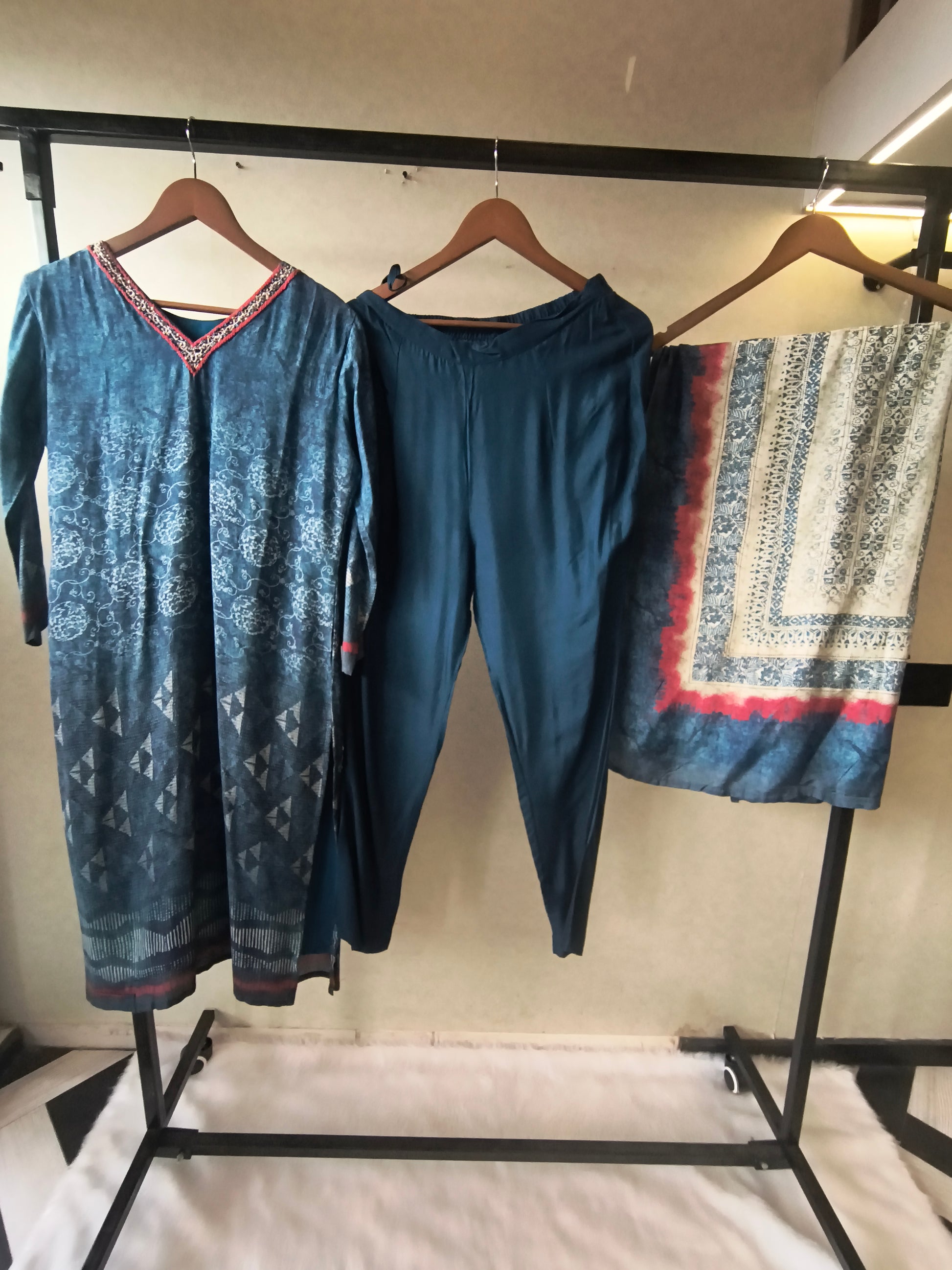 Premium Midnight Blue Printed Kurta with Straight Pants & Artistic Border Dupatta Set
