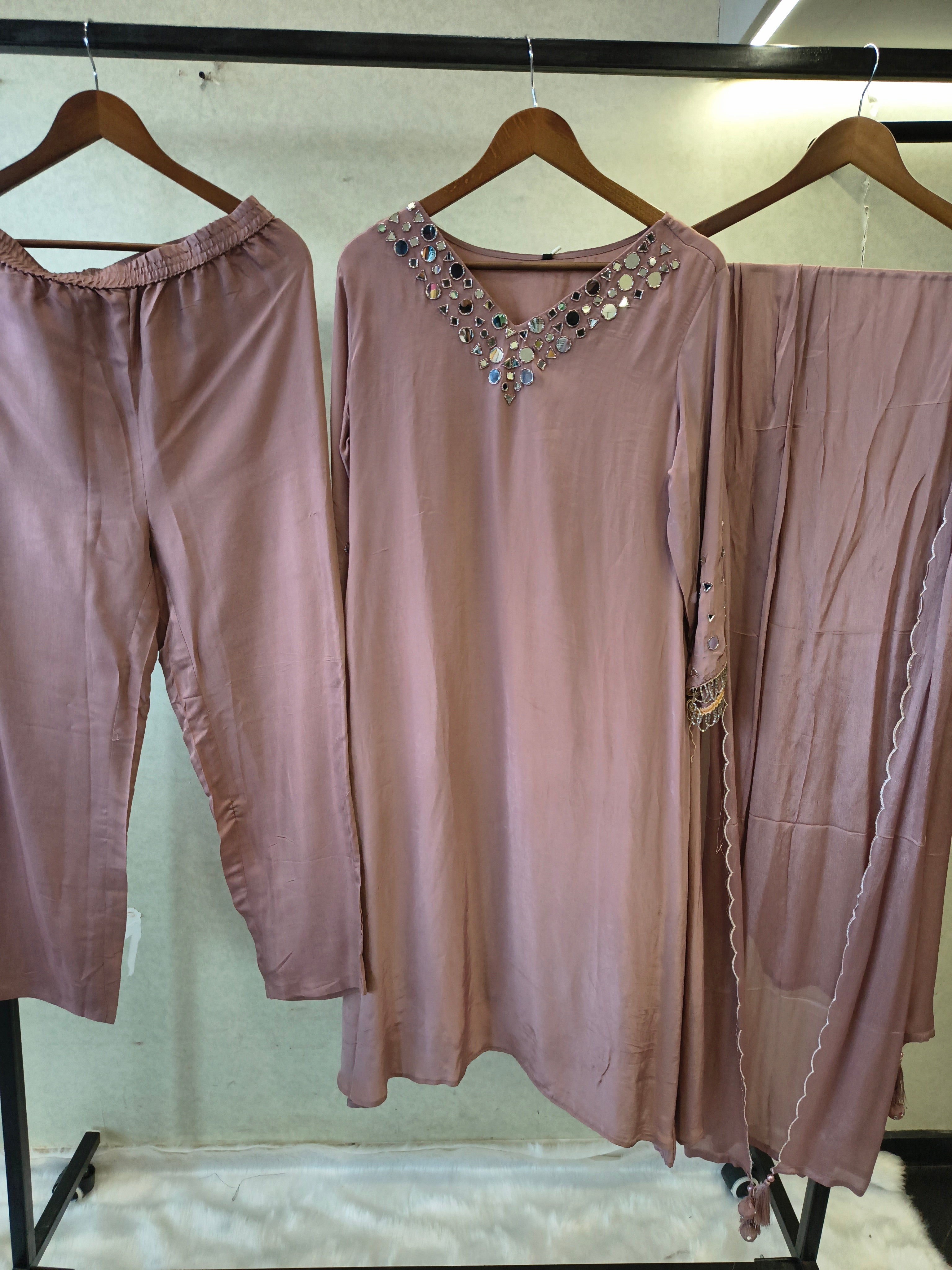 Image of Dusty Mauve Mirror Embellished Straight Kurta Set with Matching Pants & Scalloped Dupatta | Premium 3 Piece Festive Ensemble