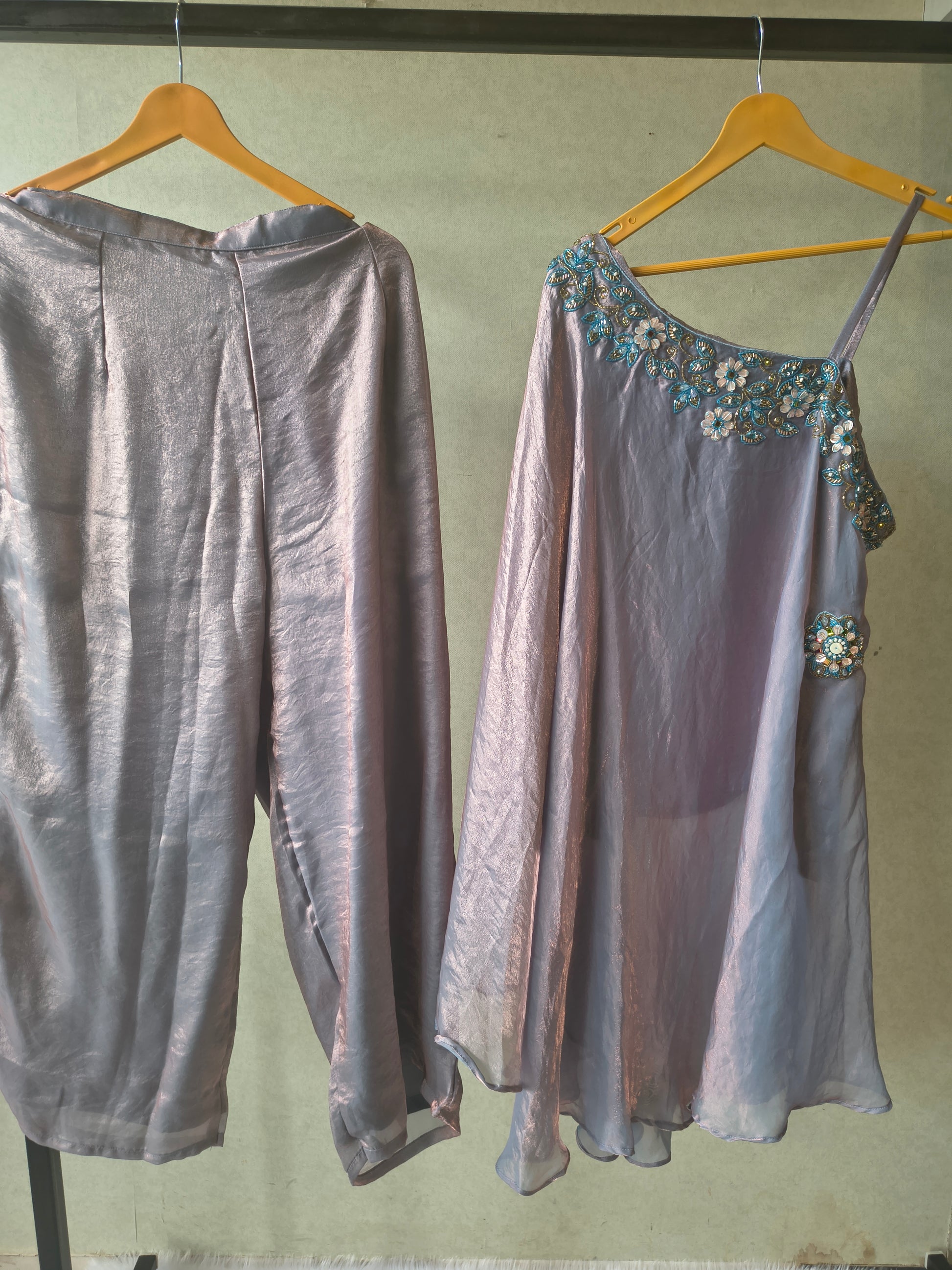 Designer Lilac One-Shoulder Cape Top with Draped Tulip Pants – Luxury Indo-Western Co-Ord Set