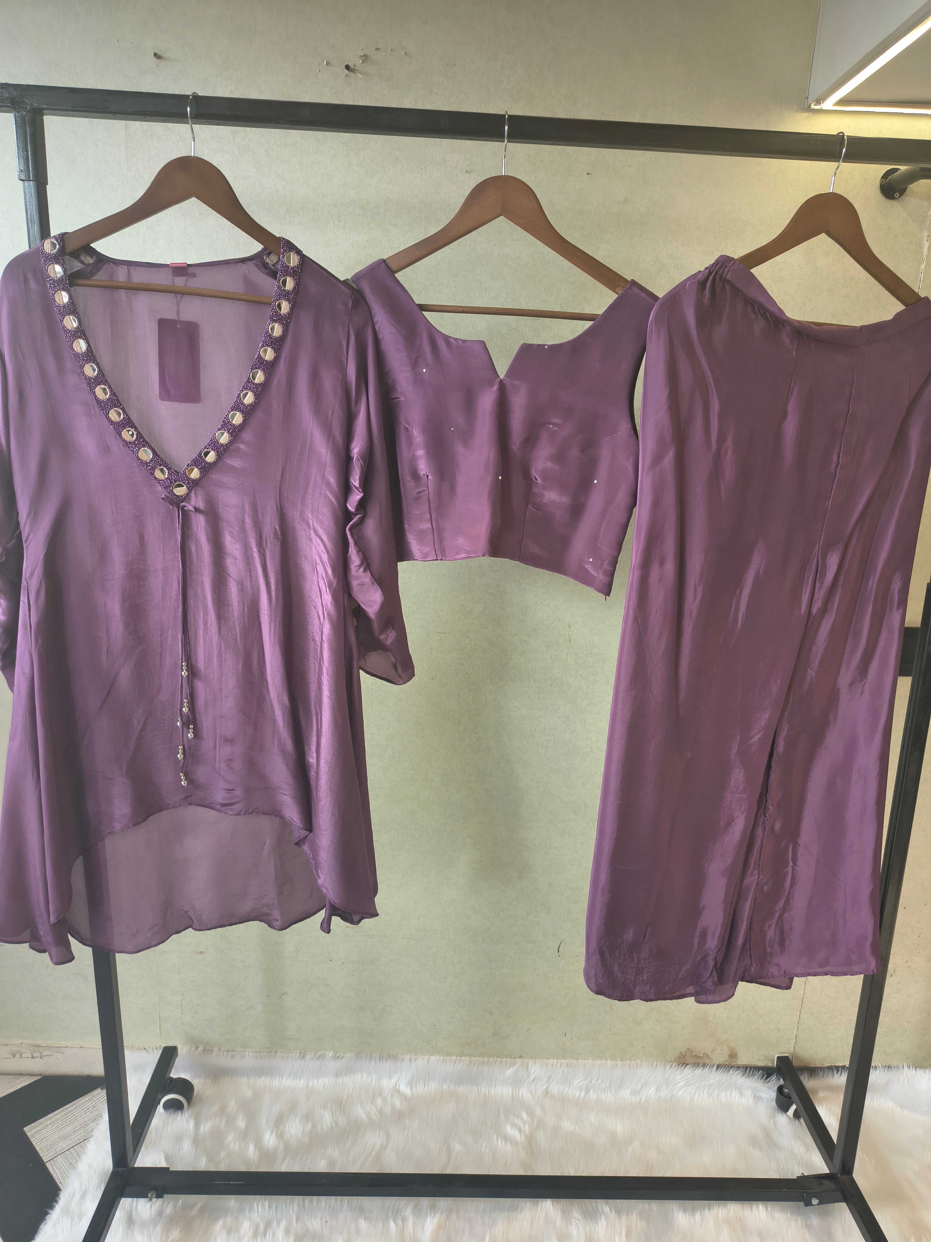 Image of Royal Plum Embellished High-Low Tunic with Sleeveless Blouse & Wide-Leg Pants – 3 Piece Designer Indo-Western Set