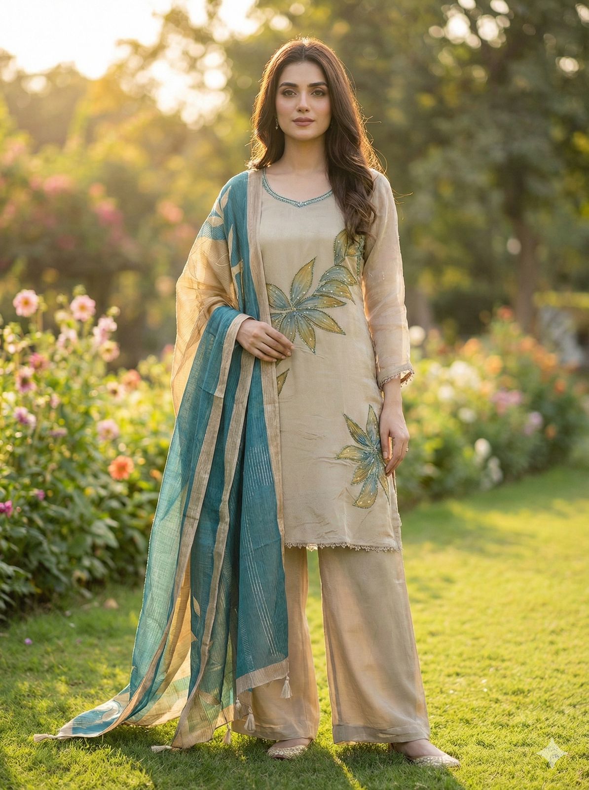 Pastel Pure Silk 3 Piece Kurti Set with Hand work