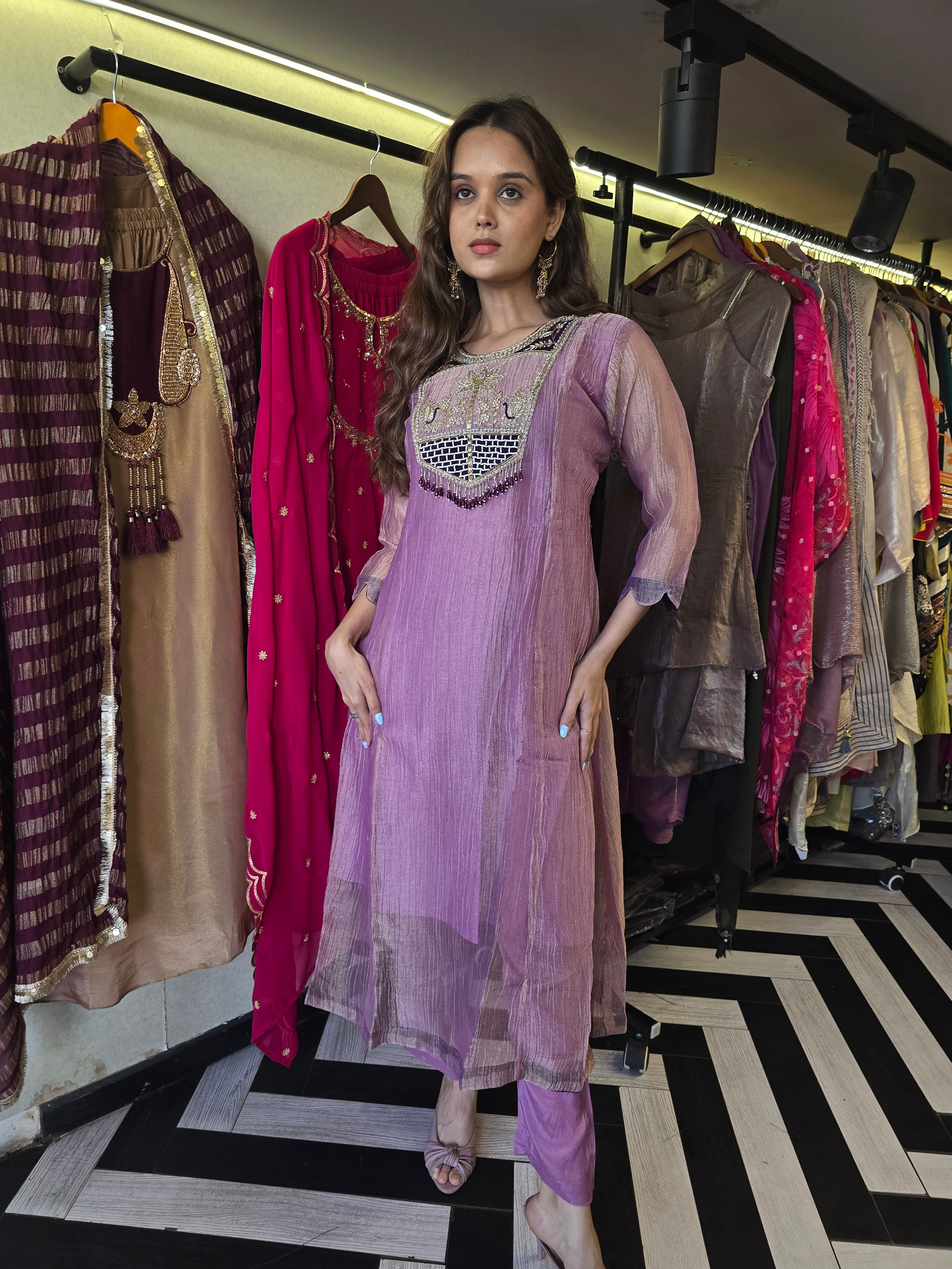 Image of Pure Soft Tissue Anarkali Kurti Set