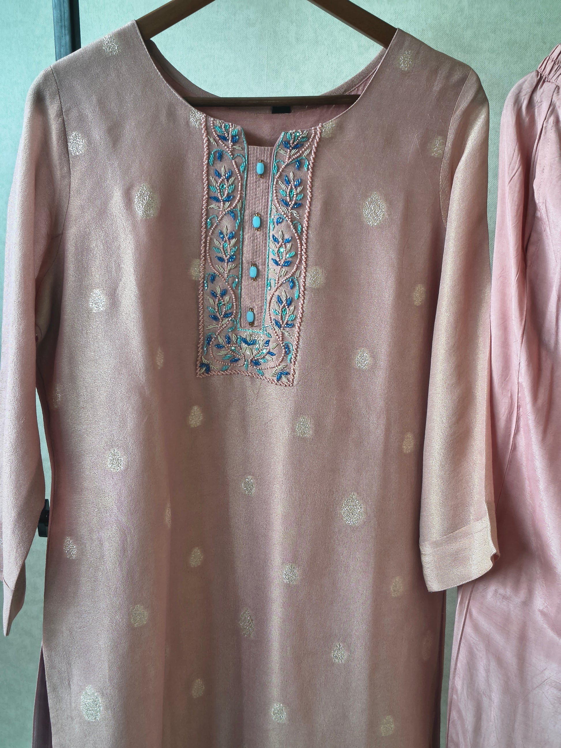 Premium Blush Pink Embroidered Straight Kurta with Cigarette Pants & Designer Printed Dupatta Set