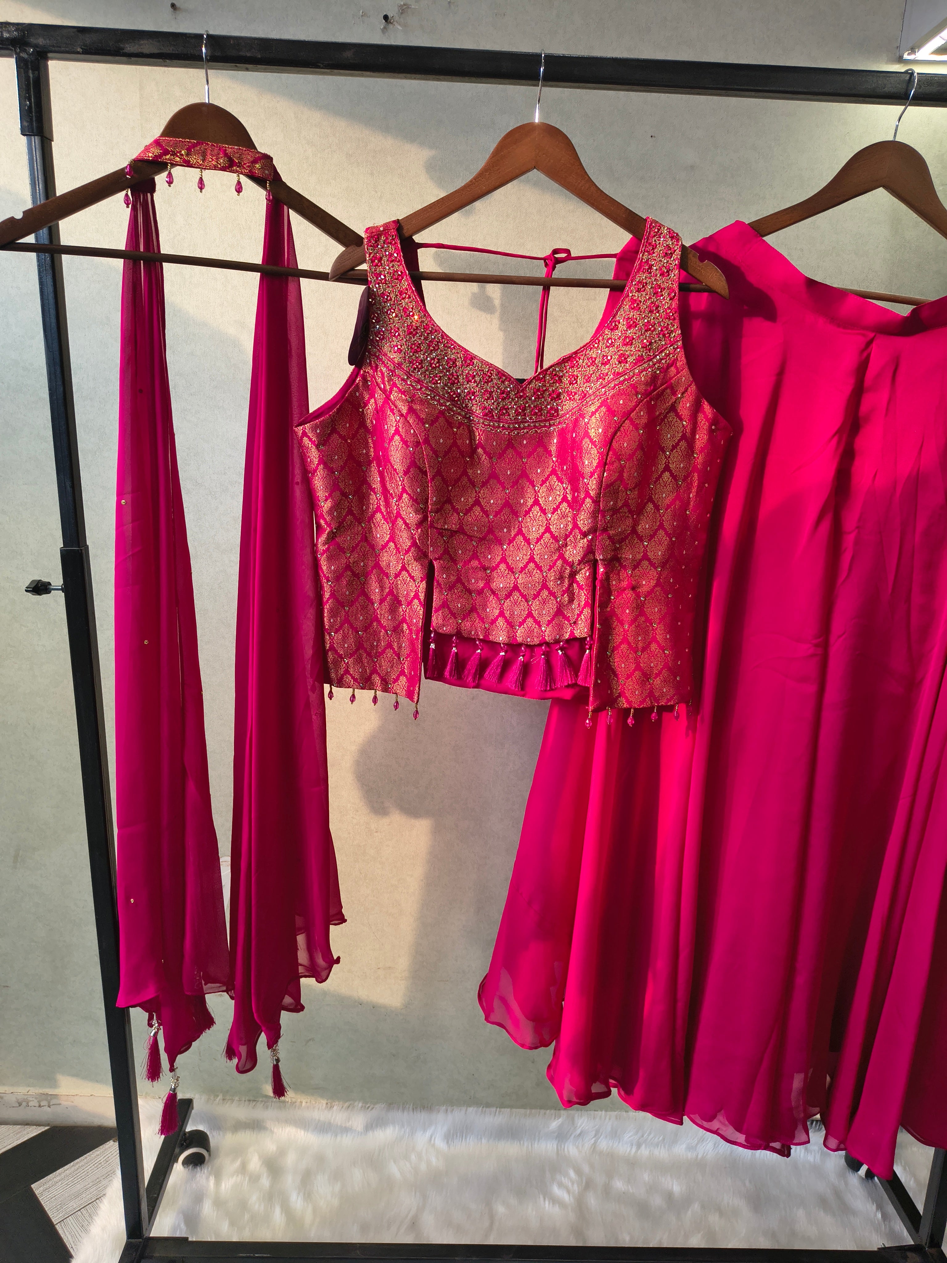 Image of Luxury Rani Pink Brocade Blouse with Flared Palazzo & Embellished Choker Dupatta – 3 Piece Designer Indo-Western Set