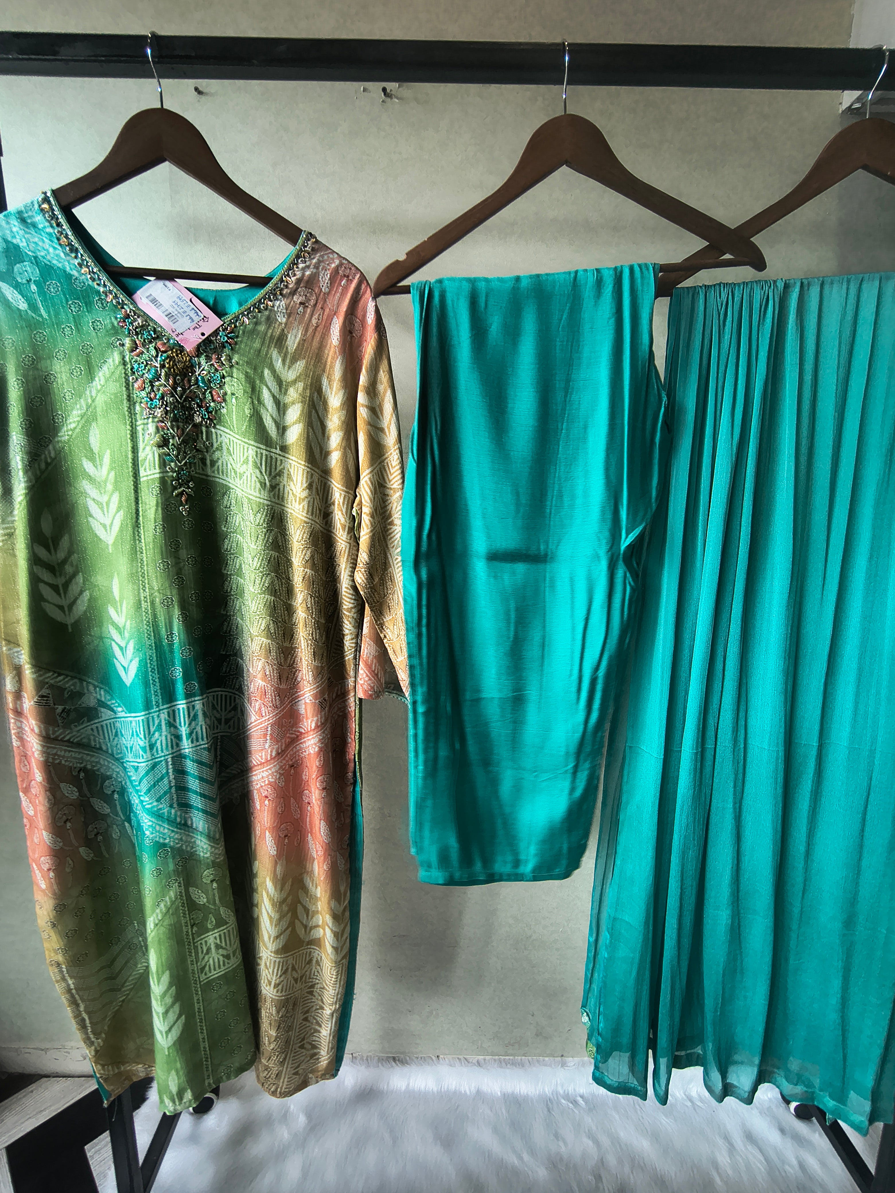 Image of Premium Aqua Ombre Printed Kurta Set with Hand-Embellished Neckline, Solid Pants & Chiffon Dupatta