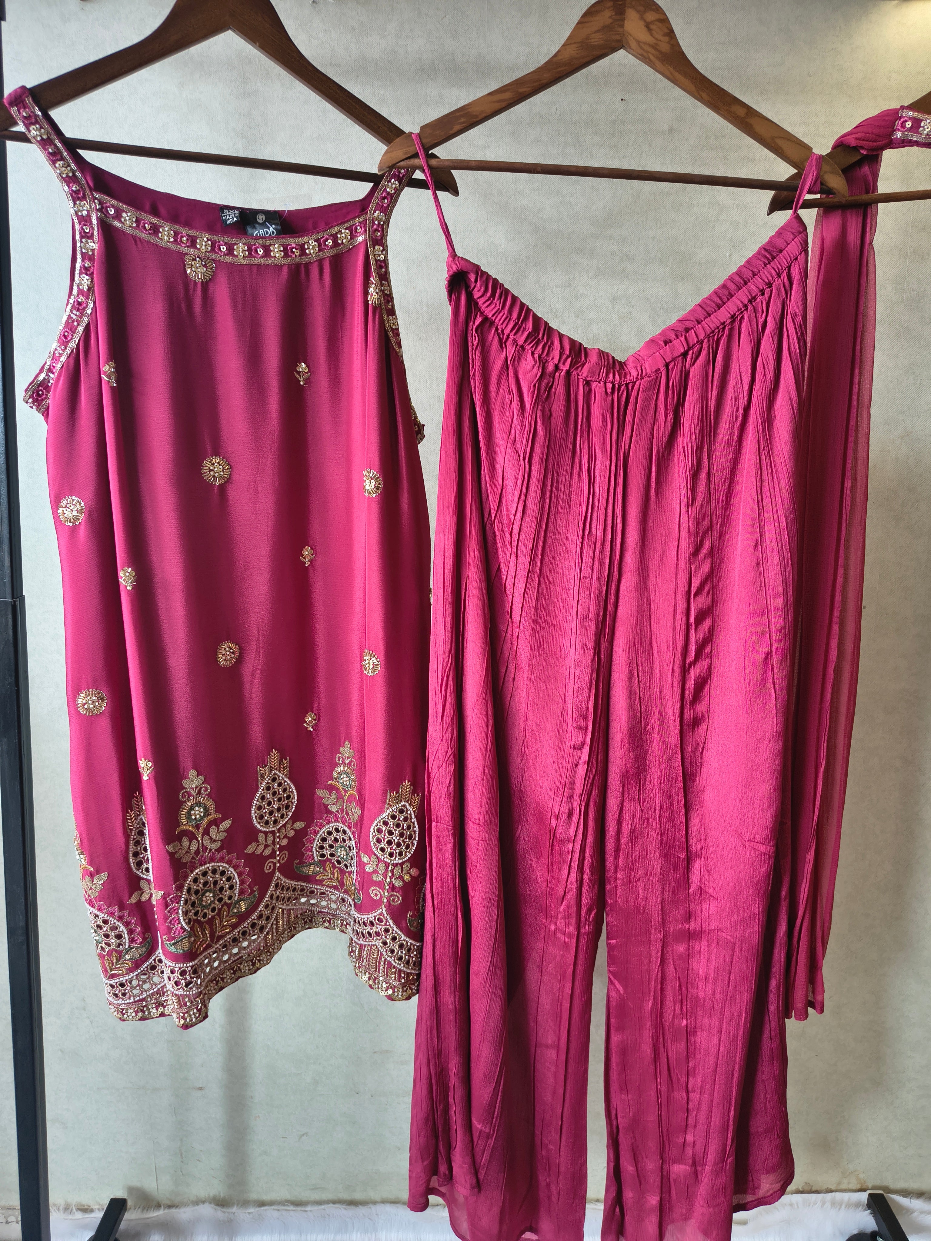 Image of Rani Pink Hand Embroidered Kurta Set with Designer Palazzo & Embellished Dupatta – Premium 3 Piece Festive Ensemble
