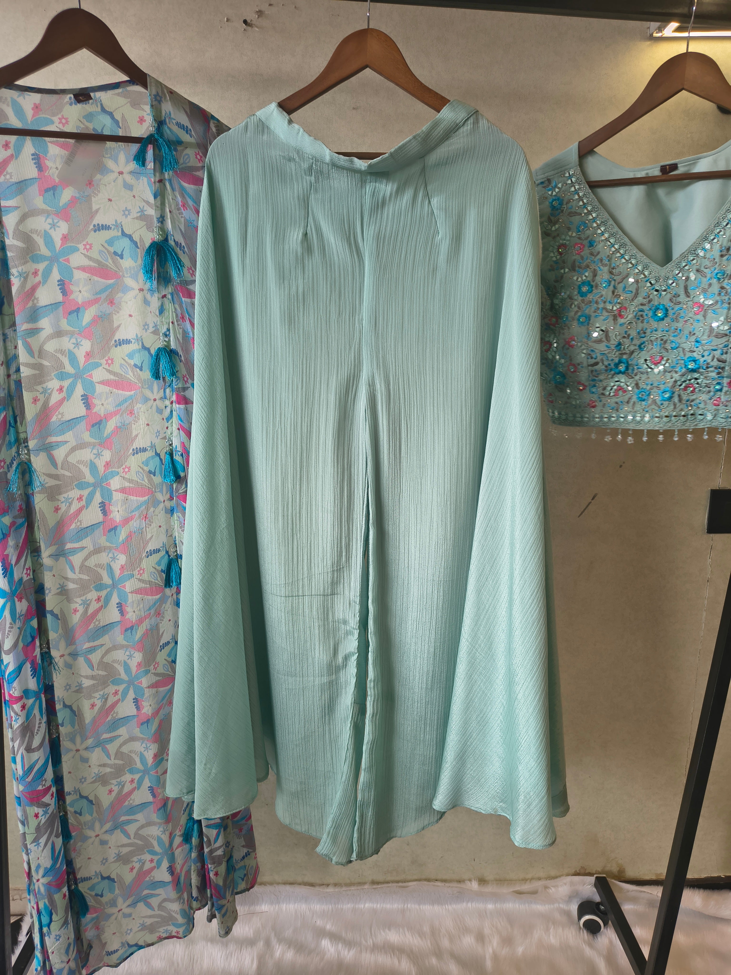 Image of Powder Blue Mirror Embroidered Blouse with Drape Palazzo & Printed Tassel Dupatta – Designer 3 Piece Indo-Western Set