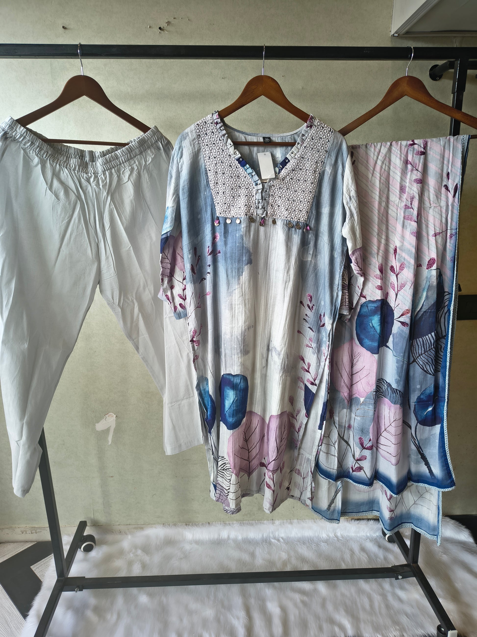Premium Ice Blue Floral Printed Straight Kurta Set with Crochet Yoke, Straight Pants & Designer Dupatta