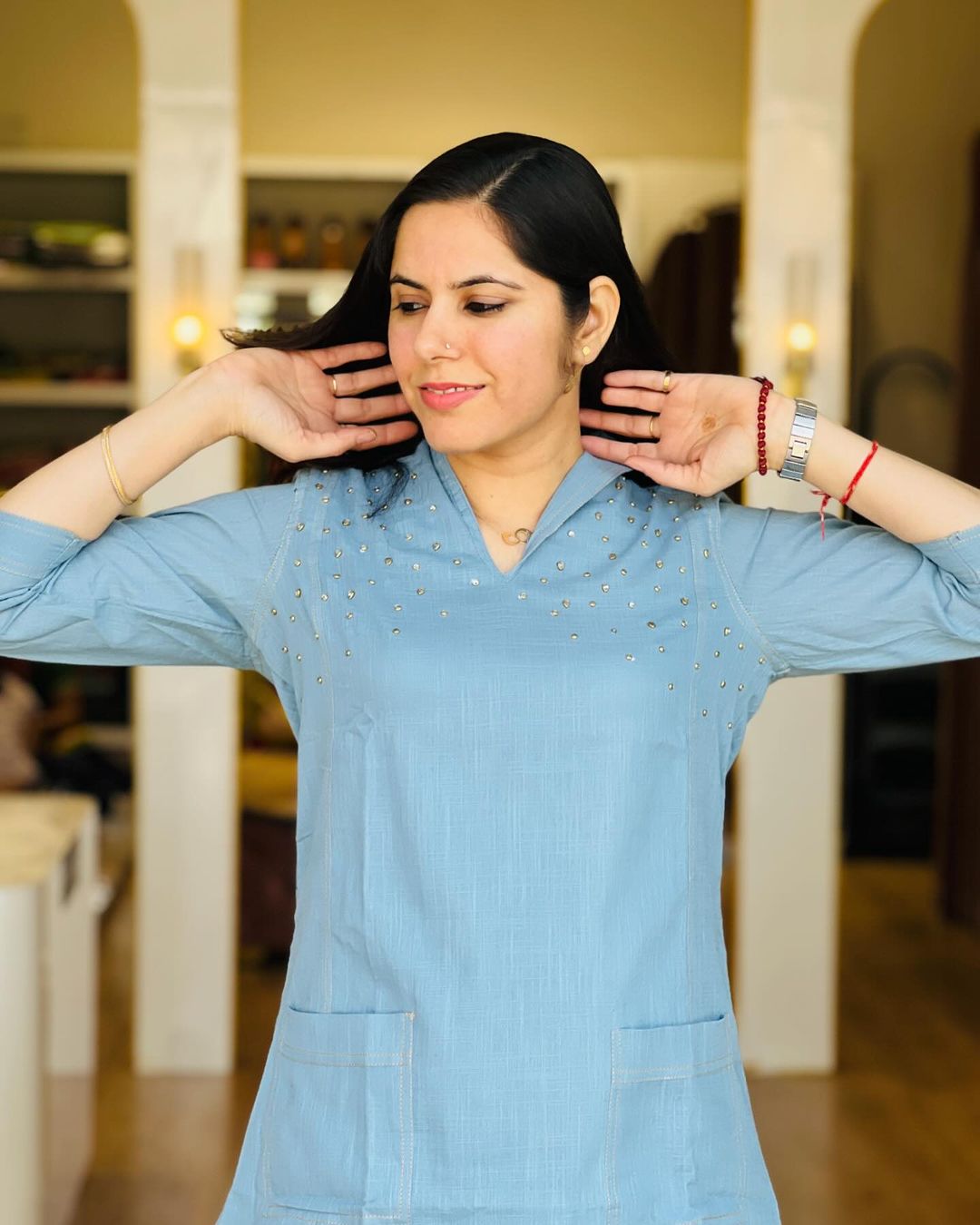 Image of Look stylish and walk in comfort with our new Hand WORK set perfect for your wardrobe. Pure Denim Cotton Slub