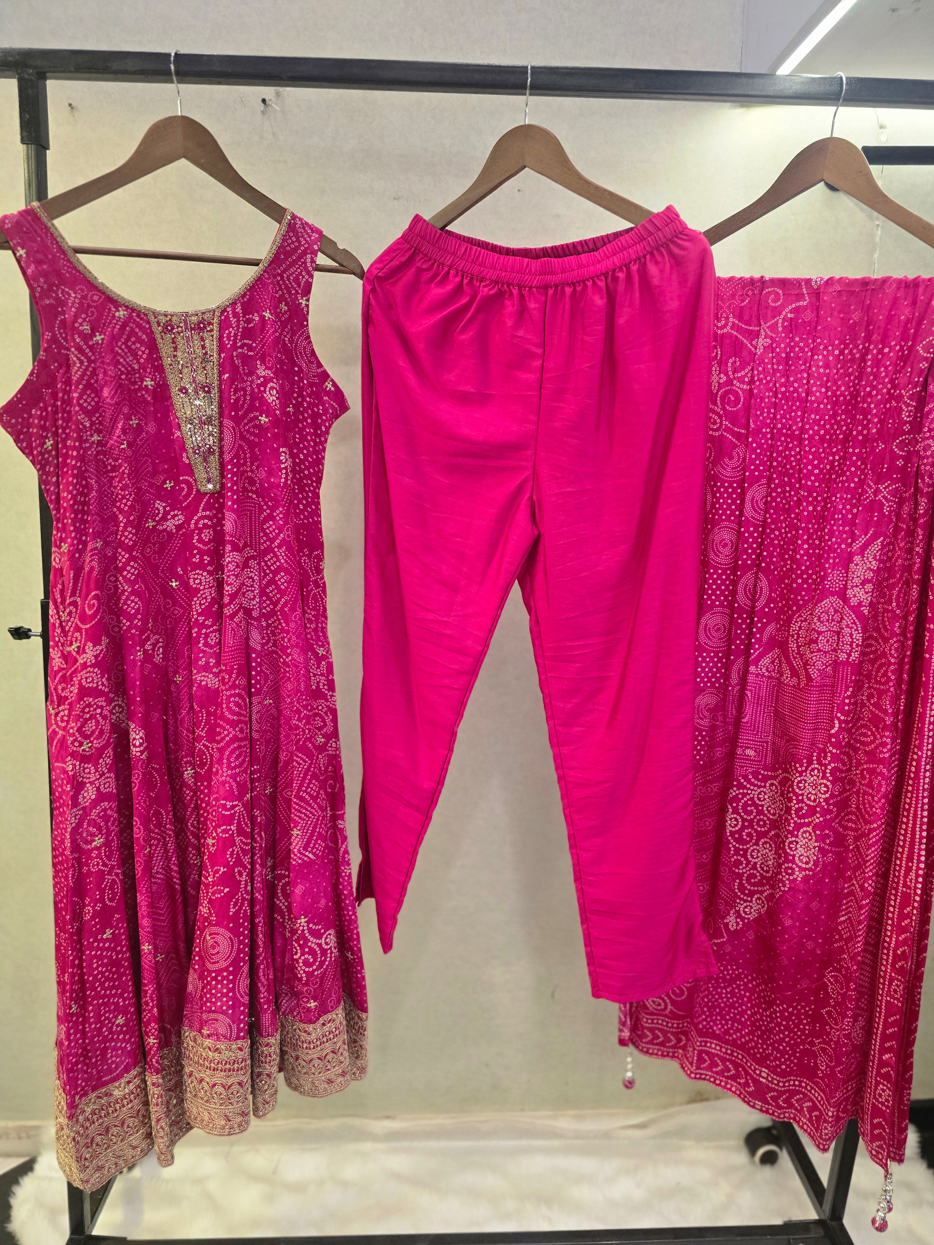 Image of Rani Pink Bandhani Print Sleeveless Anarkali Kurta Set with Printed Dupatta | Premium 3 Piece Ethnic Suit